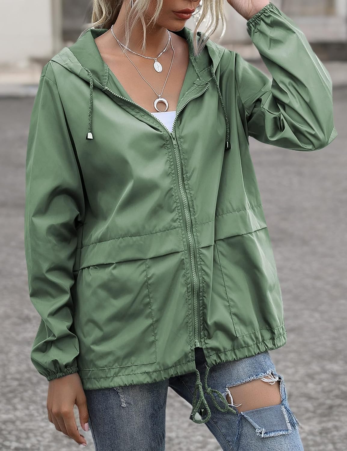 Women's Hooded Rain Jacket Waterproof Lightweight Sage Green