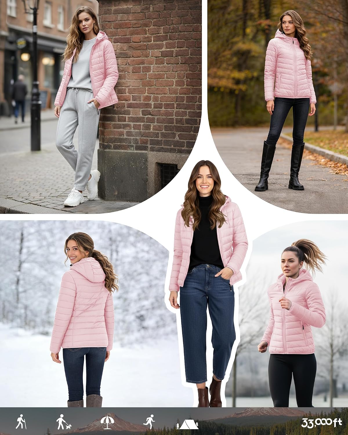 Women's Packable Hooded Puffer Jacket Lightweight Pink