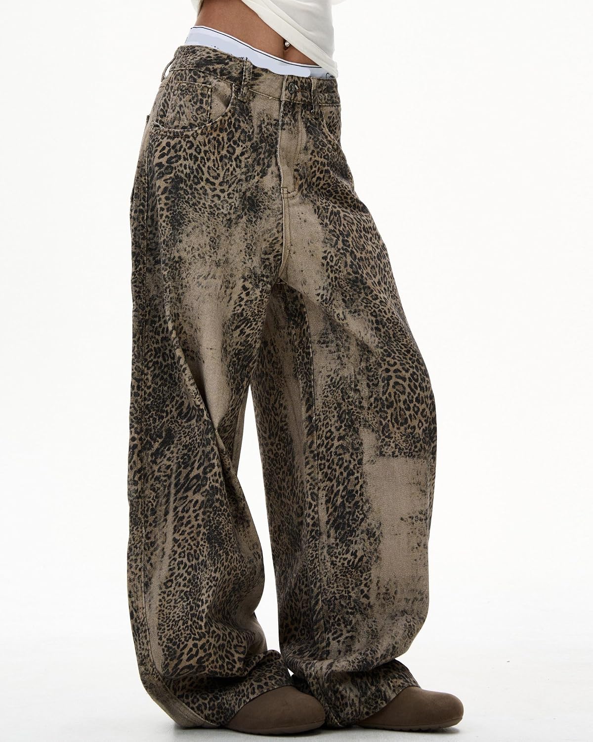 Women's Distressing Leopard Print Wide Leg Jeans High-Street Oversized Baggy Casual Pants