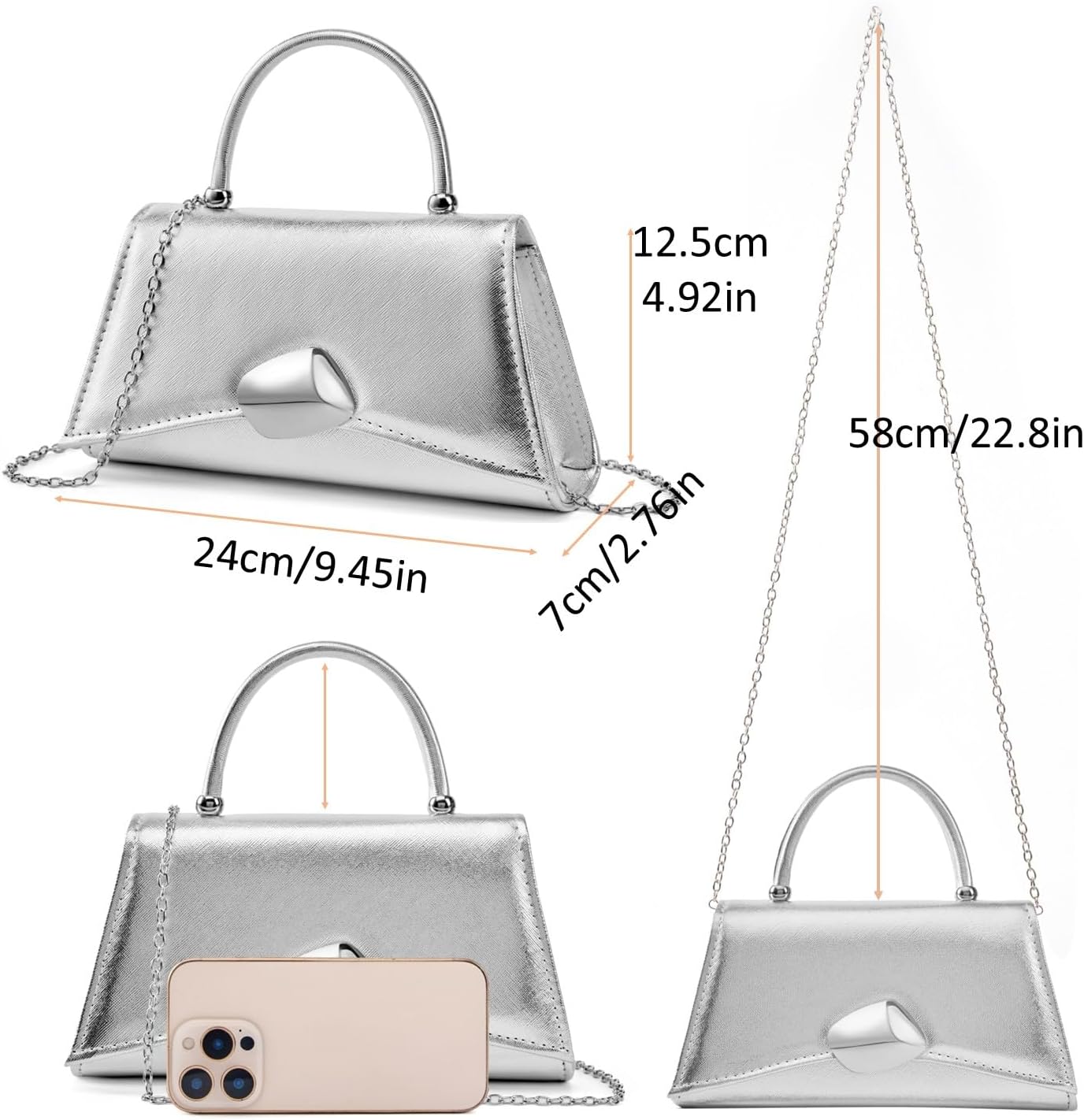 Women's Silver Top Handle Clutch with Chain Strap