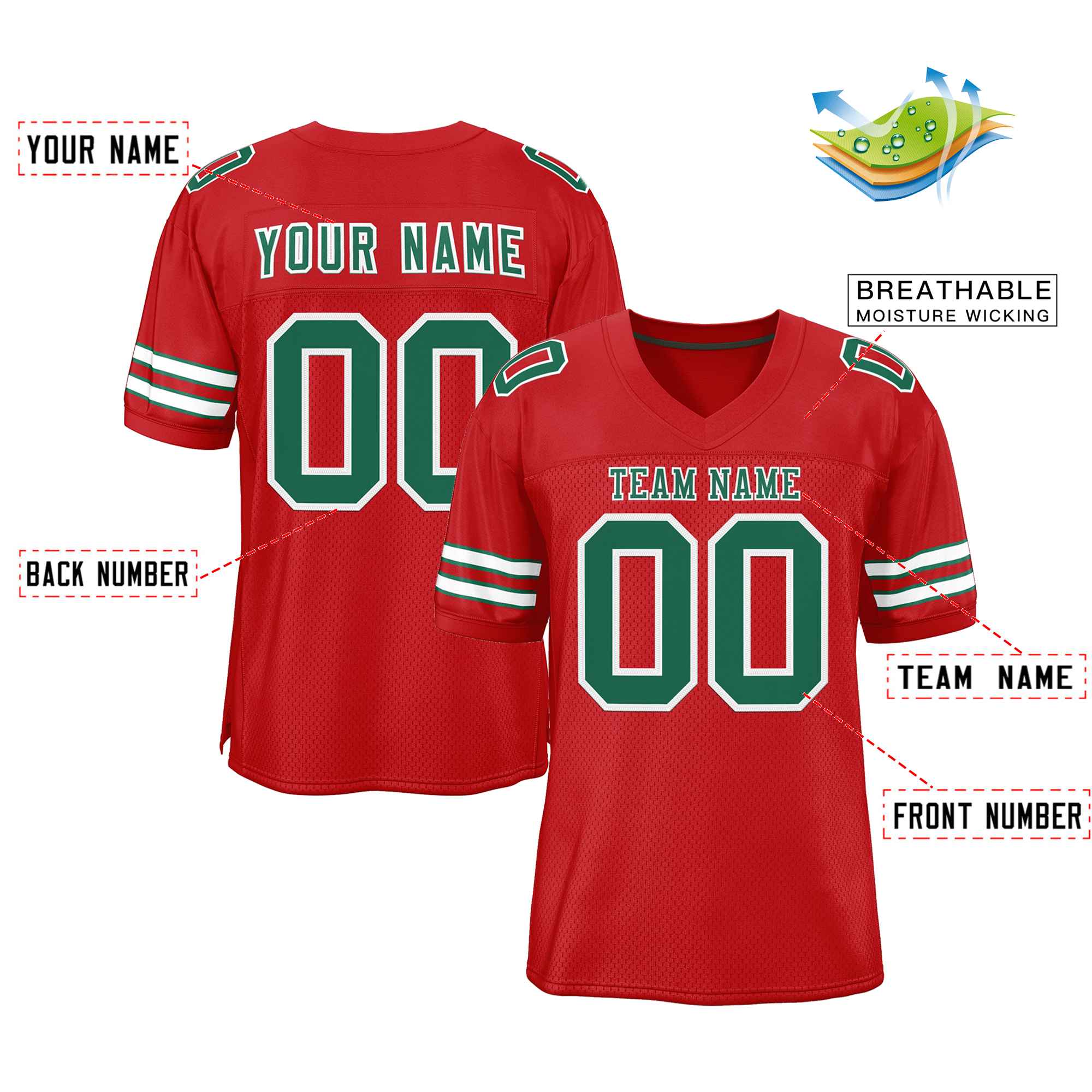 Maßgeschneidertes, authentisches Football-Trikot im klassischen Stil in Rot-Kelly-Grün-Weiß