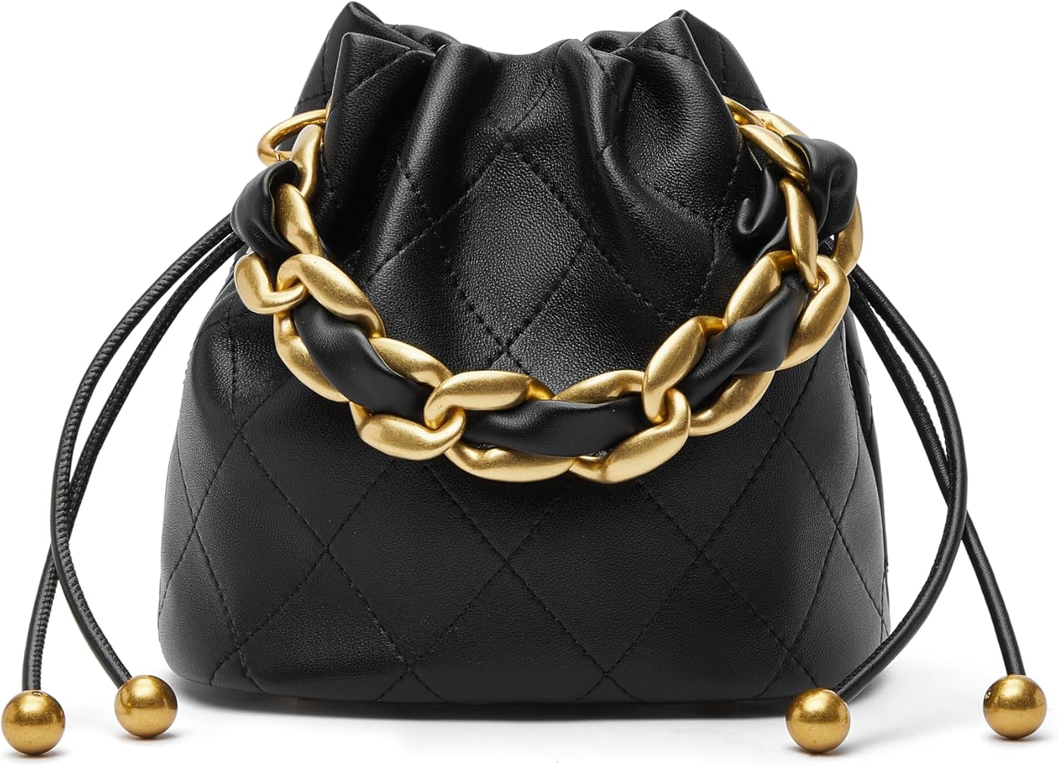 Women's Quilted Lambskin Chain Drawstring Bucket Bag, Black