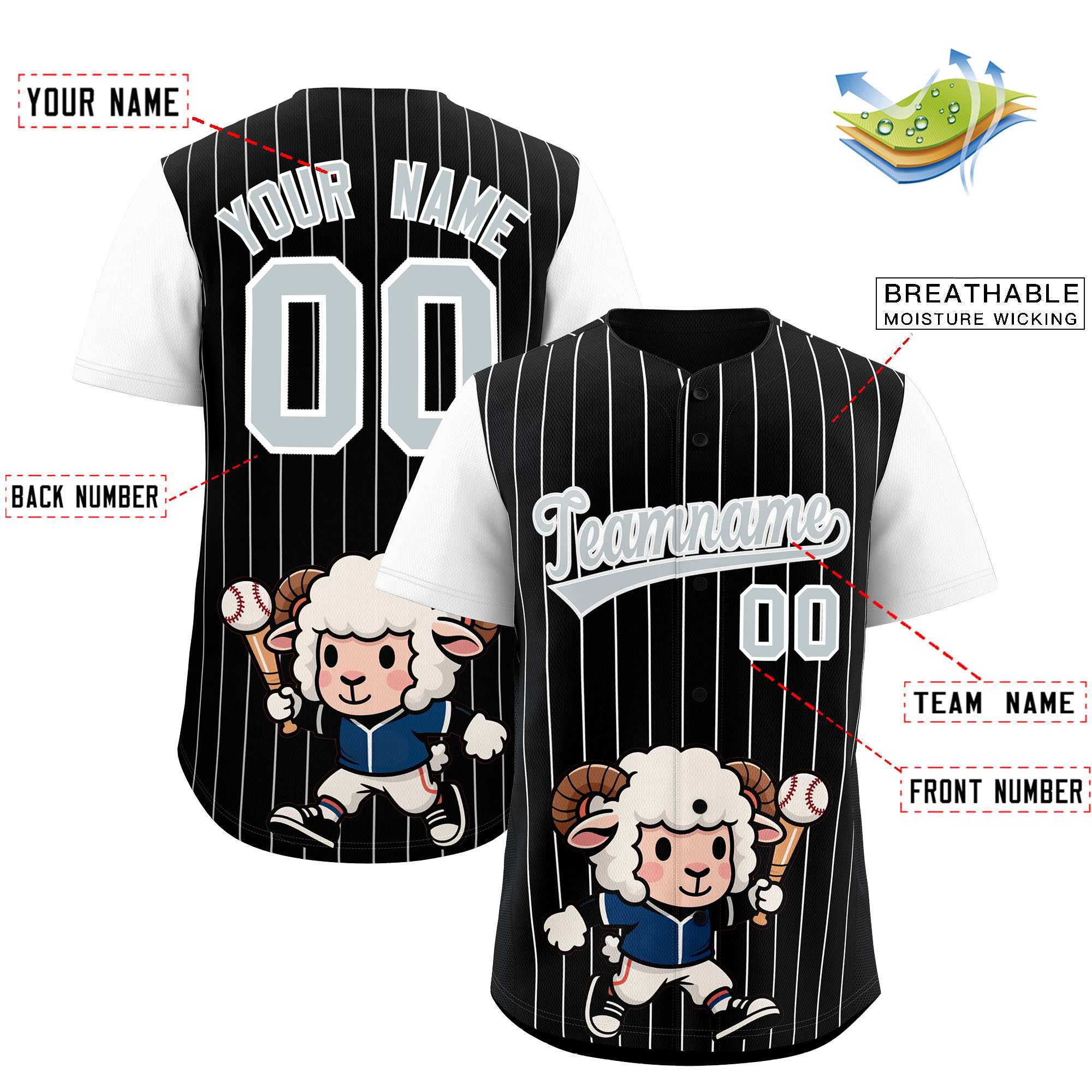 Authentisches Baseball-Trikot mit individuellem Streifen-Tiere-Graffiti-Muster, Raglanärmeln Authentisches Baseball-Trikot mit individuellem Streifen-Tiere-Graffiti-Muster, Raglanärmeln