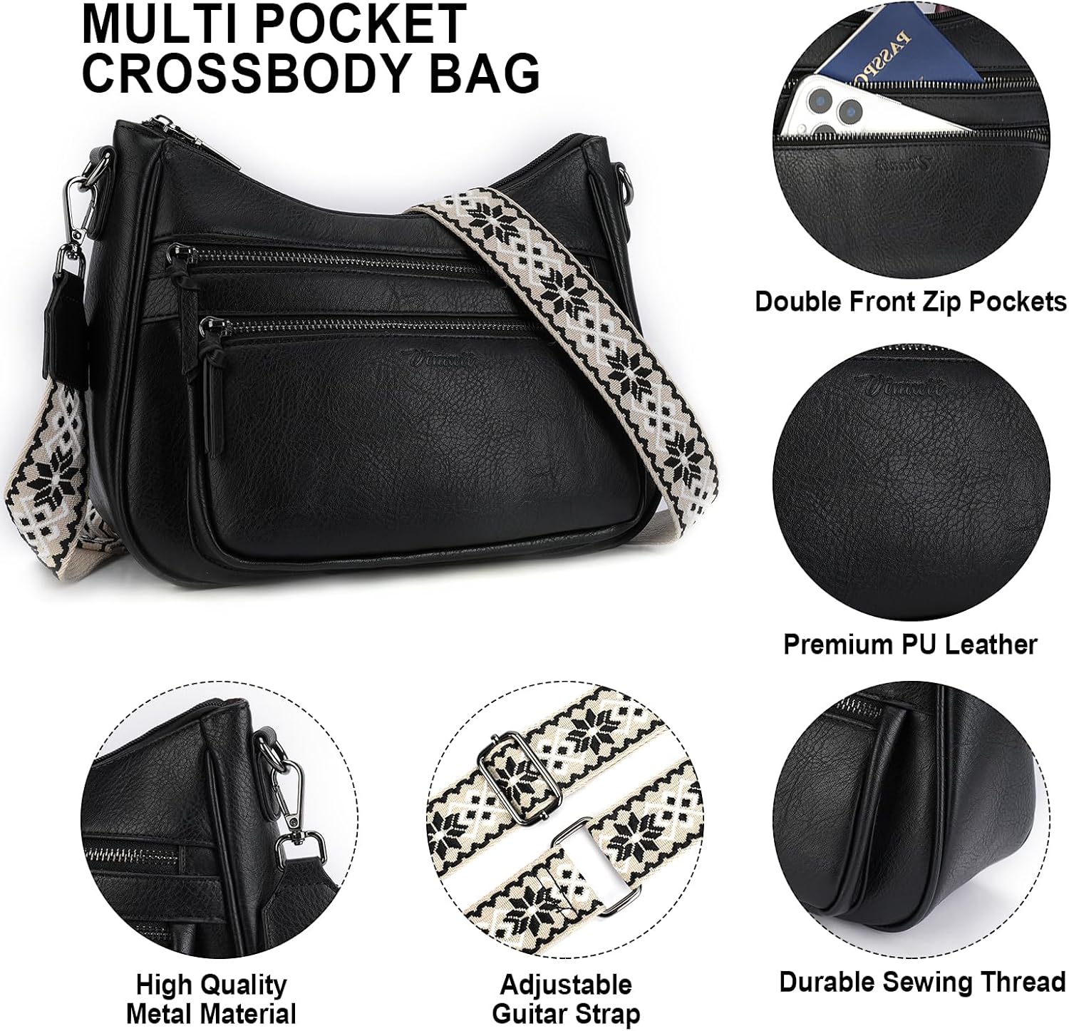 Women's PU Leather Multi-Pocket Hobo Crossbody Bag