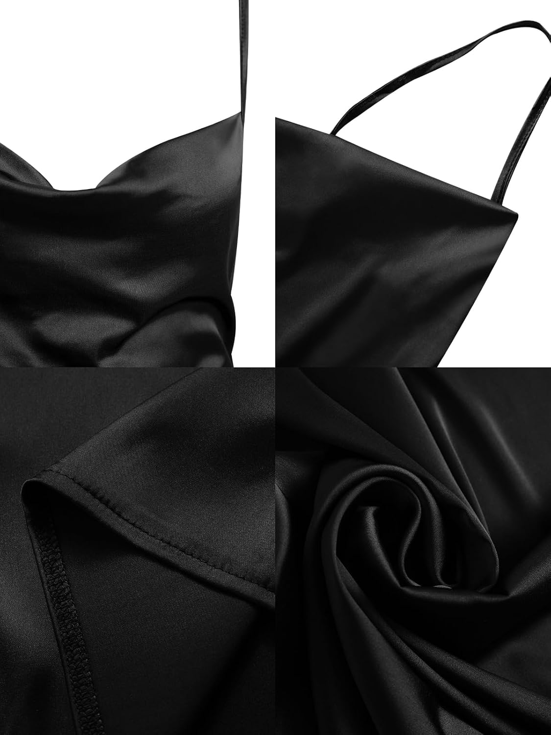 Women's Black Satin Slip Dress Cowl Neck Ruched Nightgown