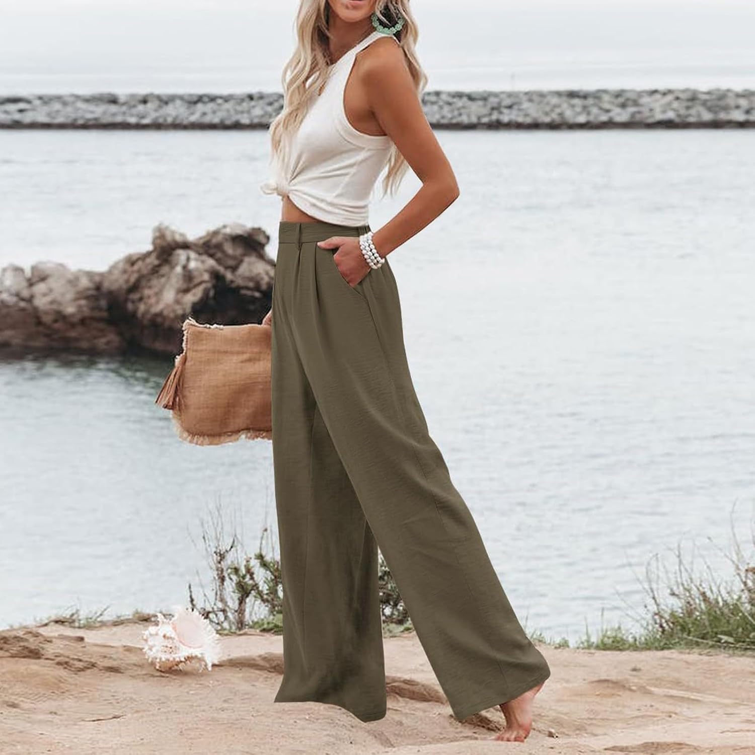 High Waisted Linen Pants Women Summer Wide Leg Cotton Palazzo with Pockets Comfy Long Work Trousers