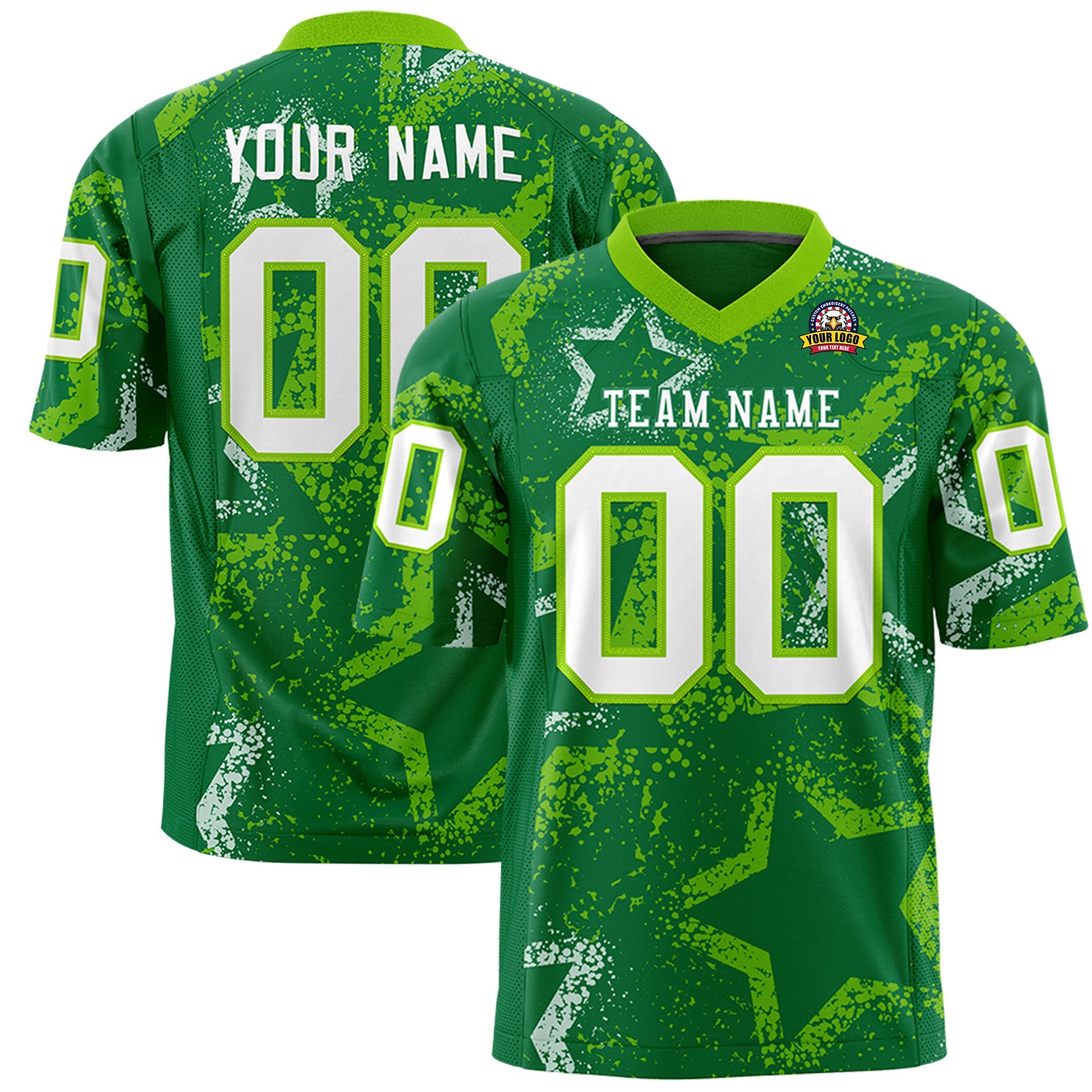 Benutzerdefiniertes neongrün-weißes personalisiertes Stern-Graffiti-Muster, authentisches Fußballtrikot
