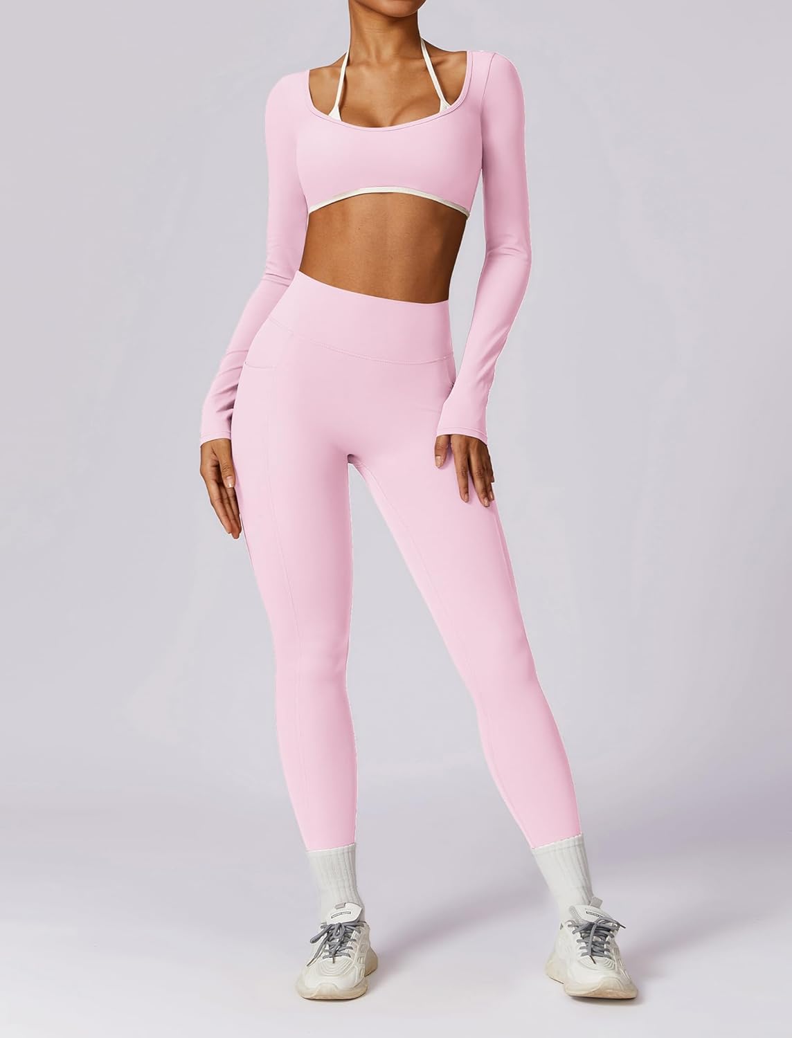 Workout sets for women 2 piece Long Sleeve Yoga Crop Top and High waist Leggings Athletic Gym Sets With pocket