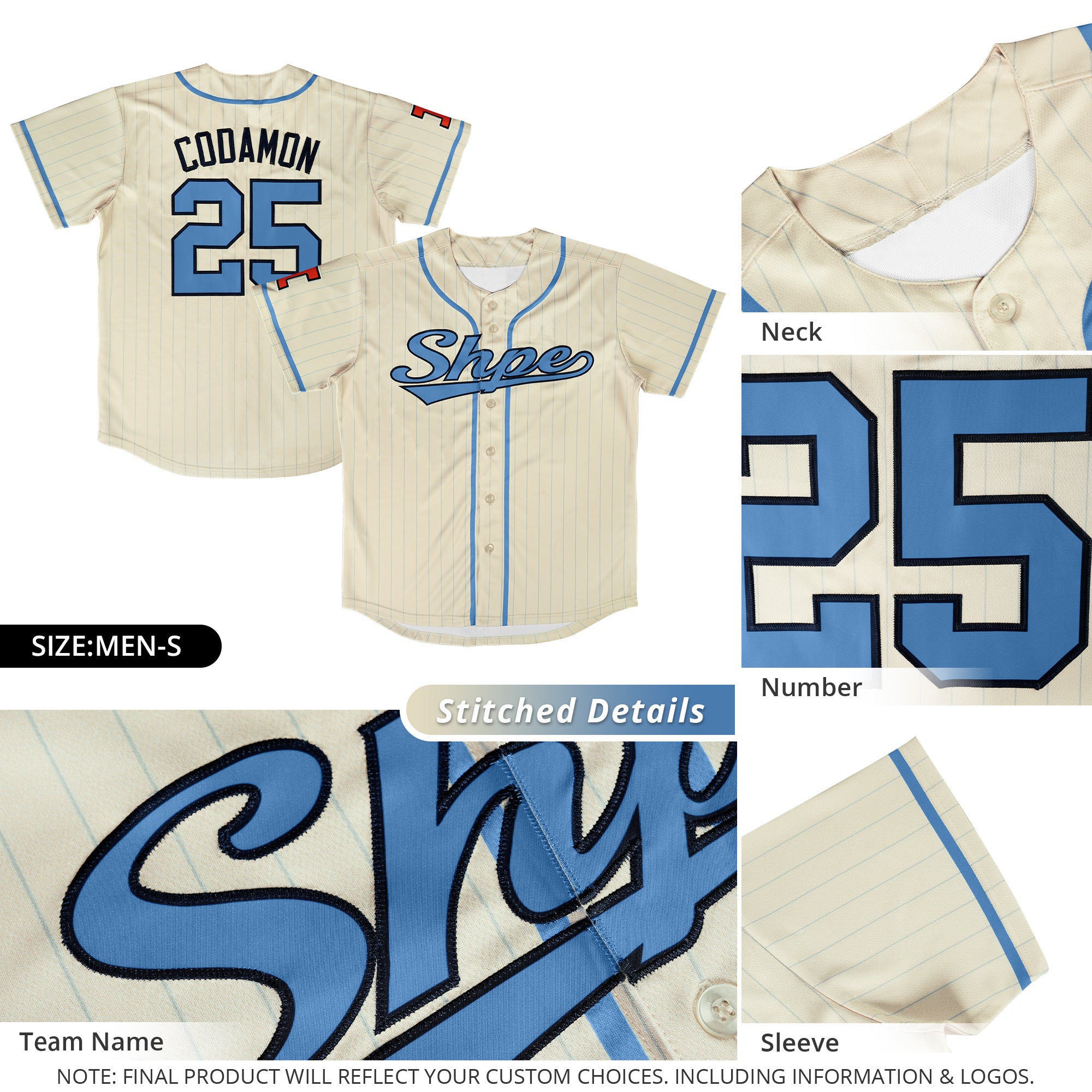 Benutzerdefiniertes authentisches Baseball-Trikot mit cremefarbenen, hellblauen und hellgrauen Streifen, modischem Design und durchgehenden Knöpfen