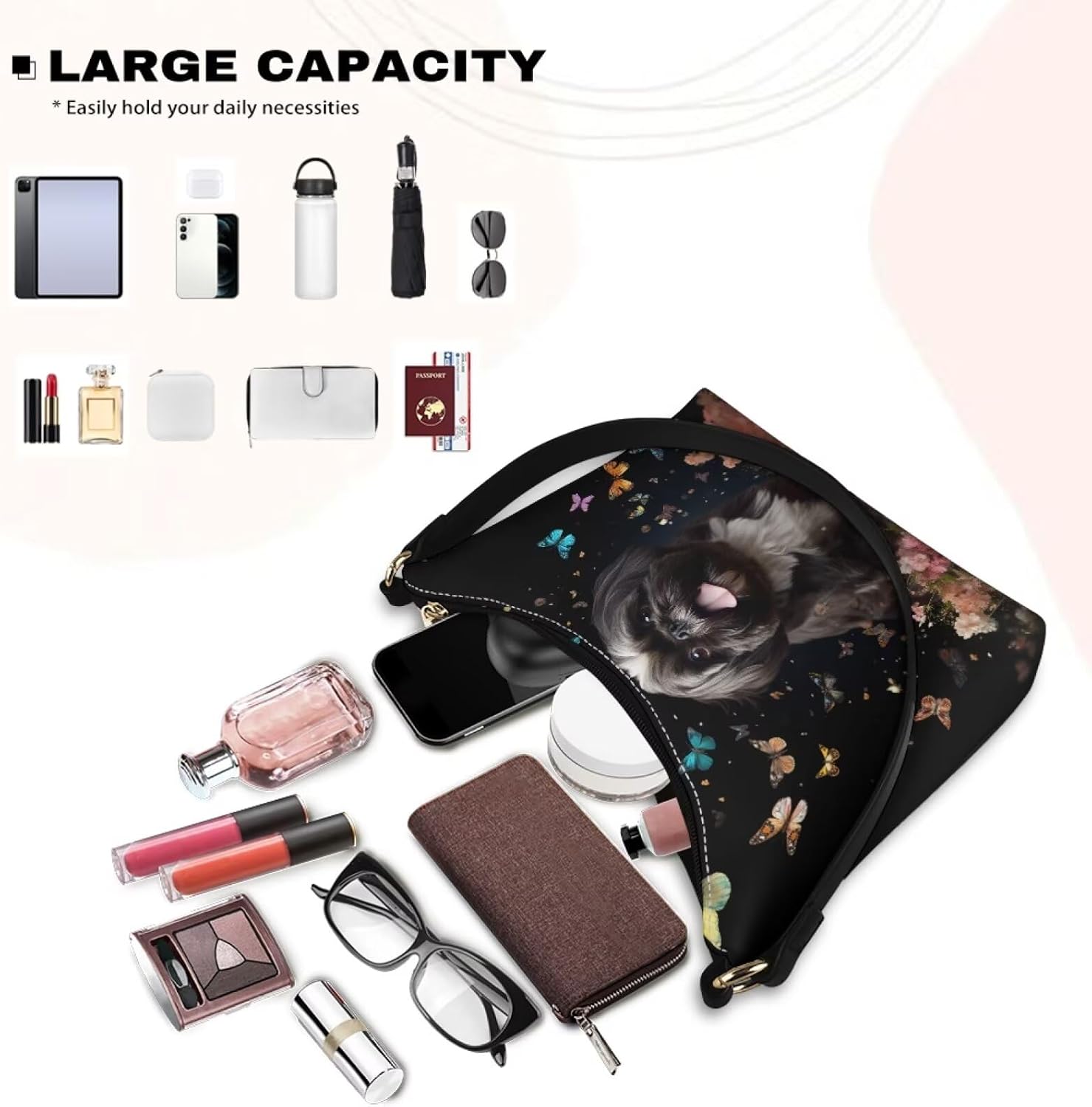 Women's Shih Tzu Print Crescent Shoulder Bag with Zipper