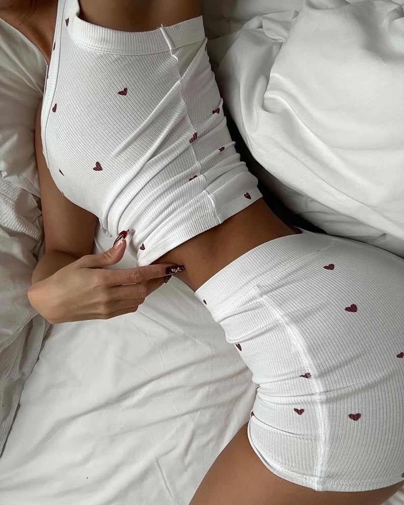 Women's Heart Print Ribbed Tank and Shorts Lounge Set
