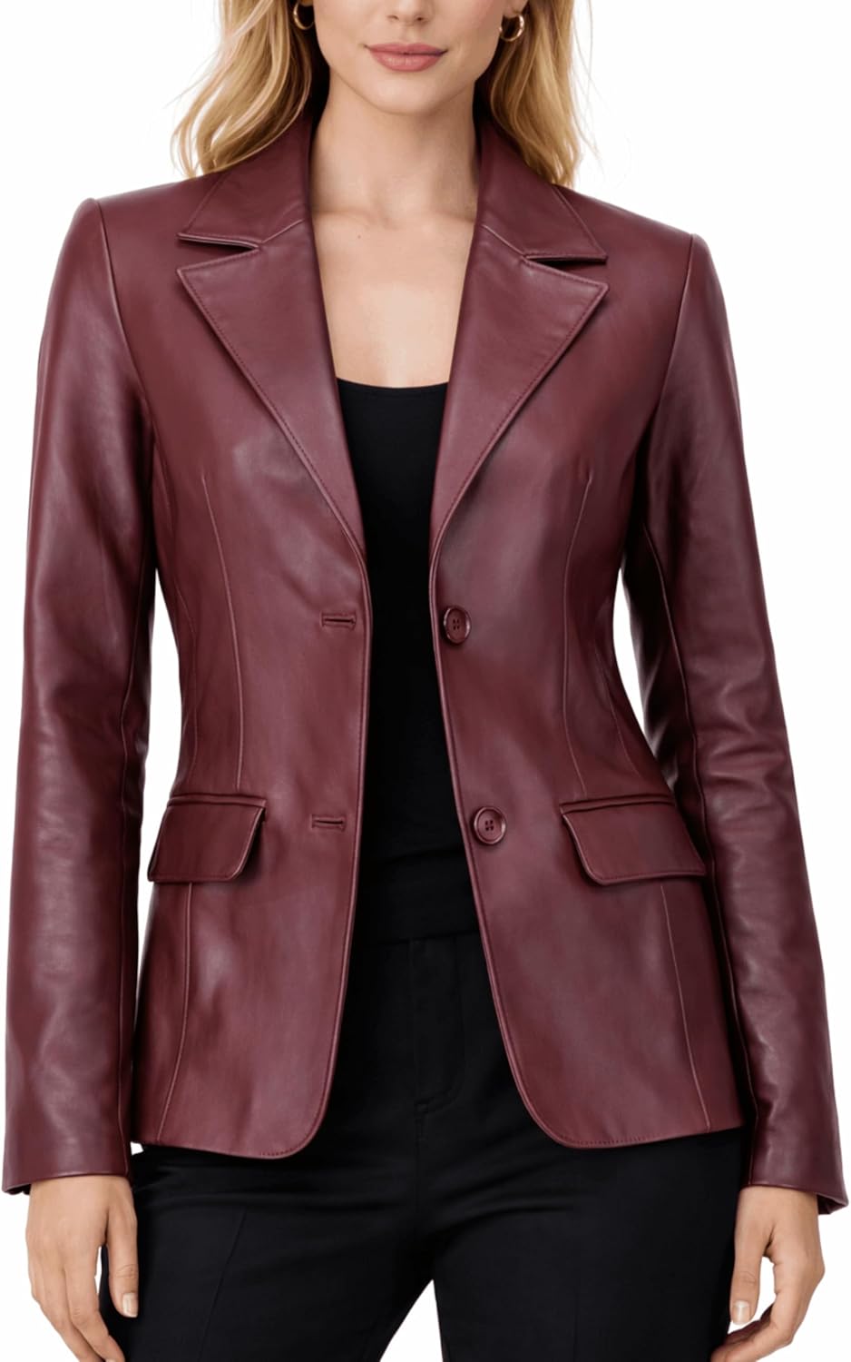 Women's Leather Two Button Blazer Burgundy