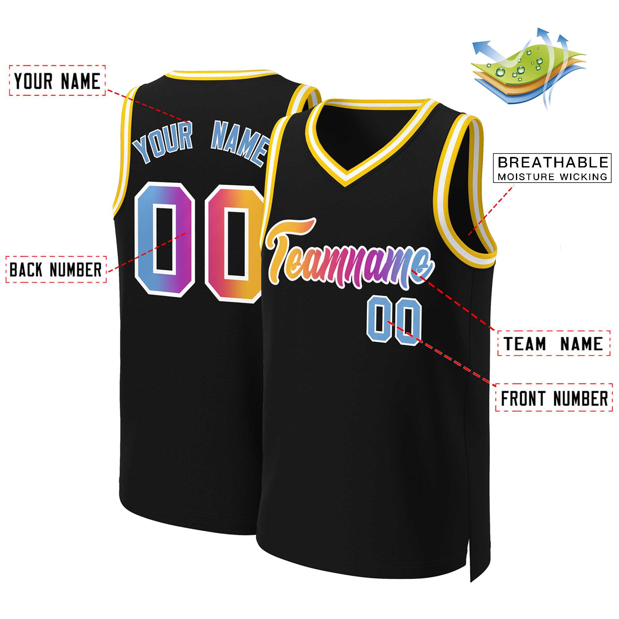 Benutzerdefiniertes Basketballtrikot mit klassischem Farbverlauf und modischen Oberteilen