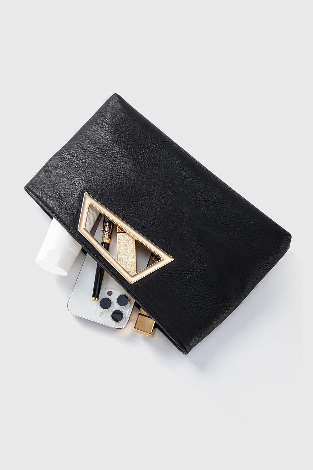 Women's PU Leather Clutch with Gold Cutout Handle Black