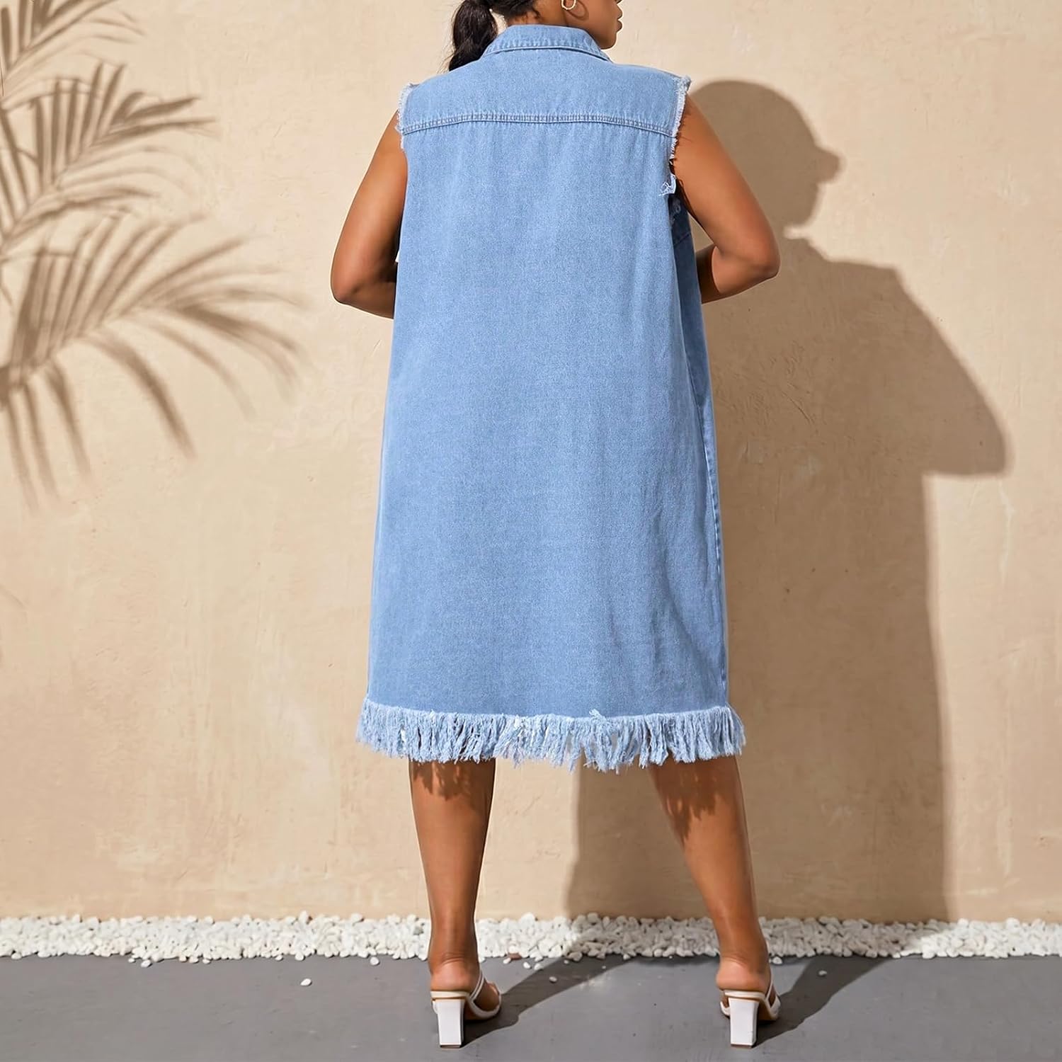 Women's Distressed Long Denim Vest Fringe Hem Button Down