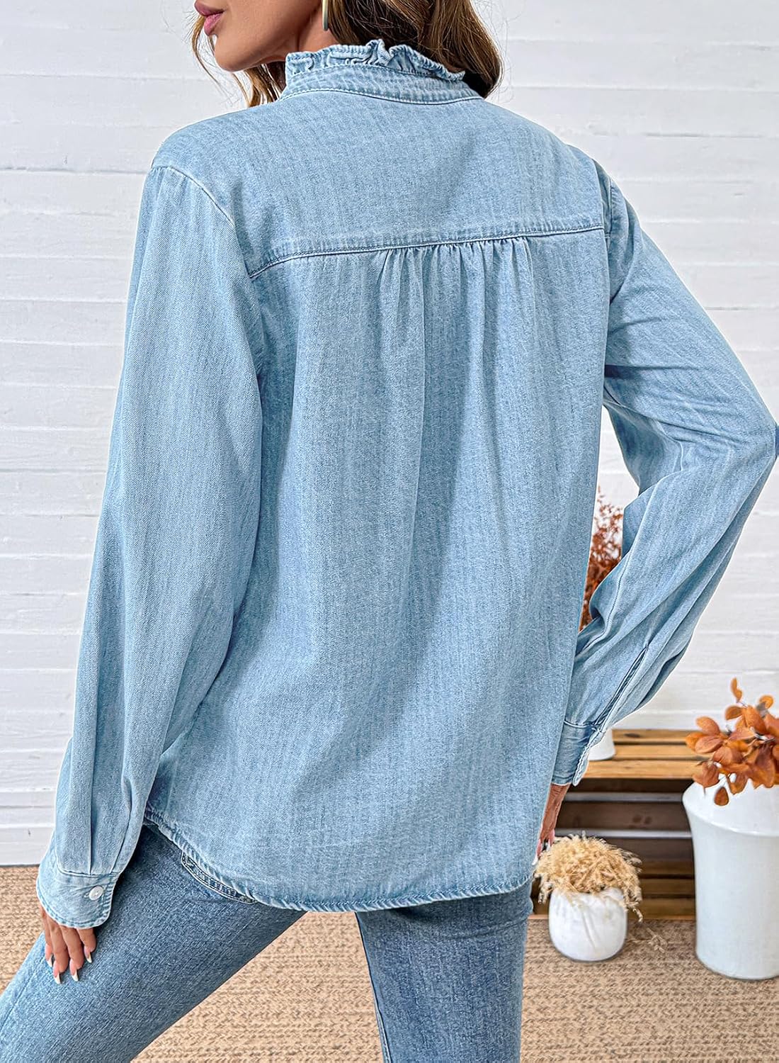 Women's Ruffle Trim Denim Shirt Button Down Long Sleeve