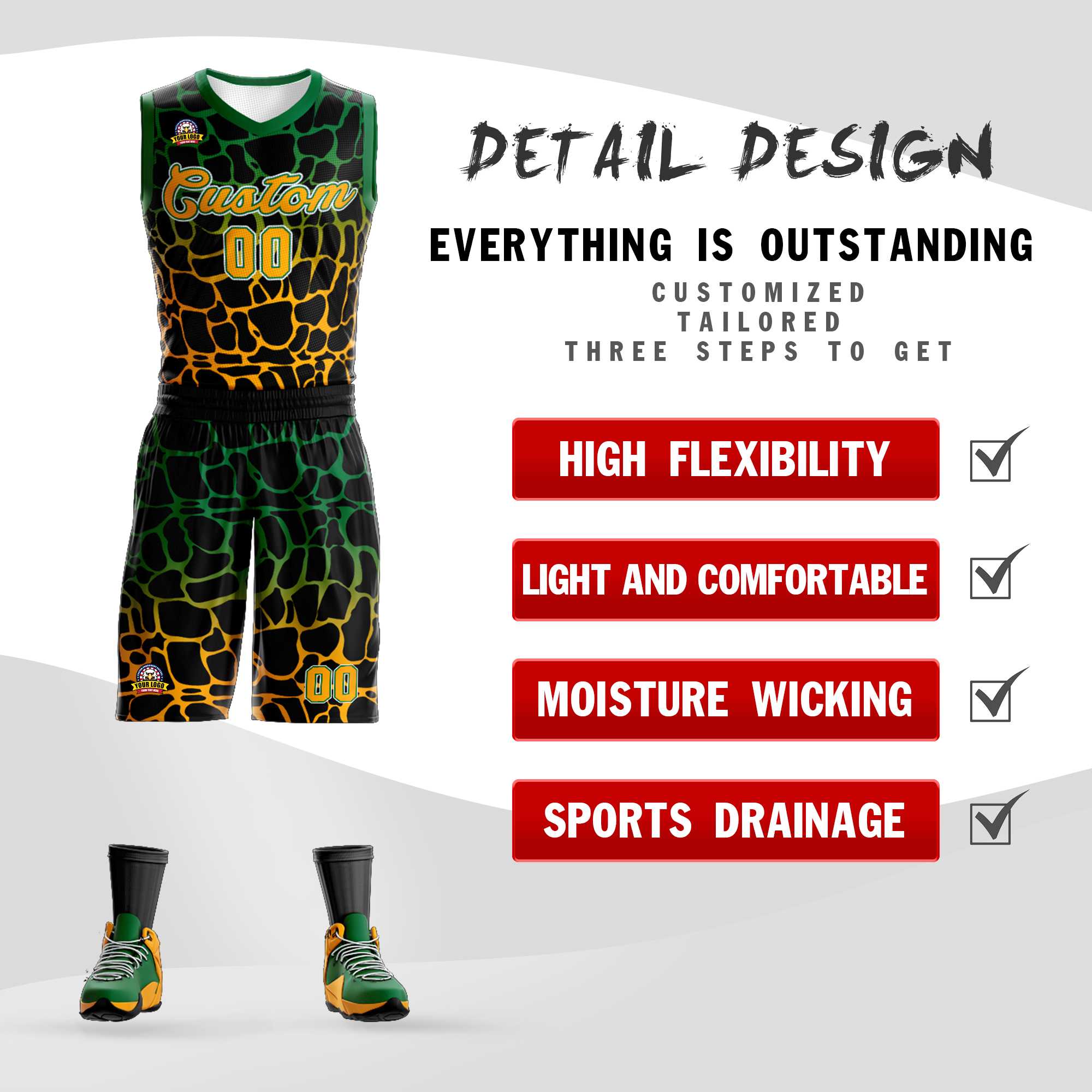 Kundenspezifisches schwarzes Kelly-Basketballtrikot mit grün-gelb gepunktetem Graffiti-Muster für Sportuniformen