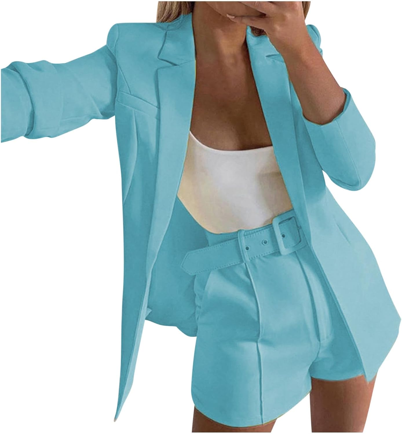 Blazer Shorts Set for Women Two Piece Outfits Open Front Long Sleeve Blazers Jacket and Belted Short Business Suits