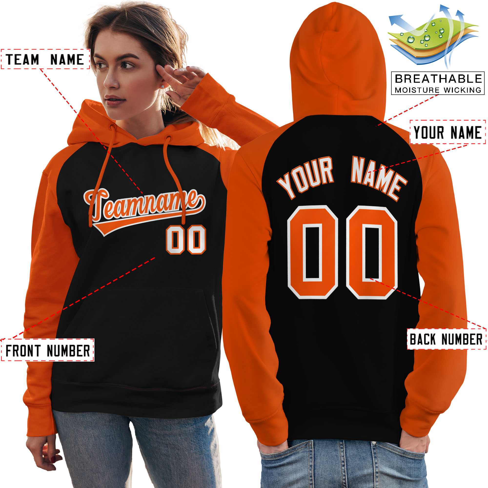 Custom Stitched Black Orange Raglan Sleeves Sports Pullover Sweatshirt Hoodie For Women Custom Stitched Black Orange Raglan Sleeves Sports Pullover Sweatshirt Hoodie For Women