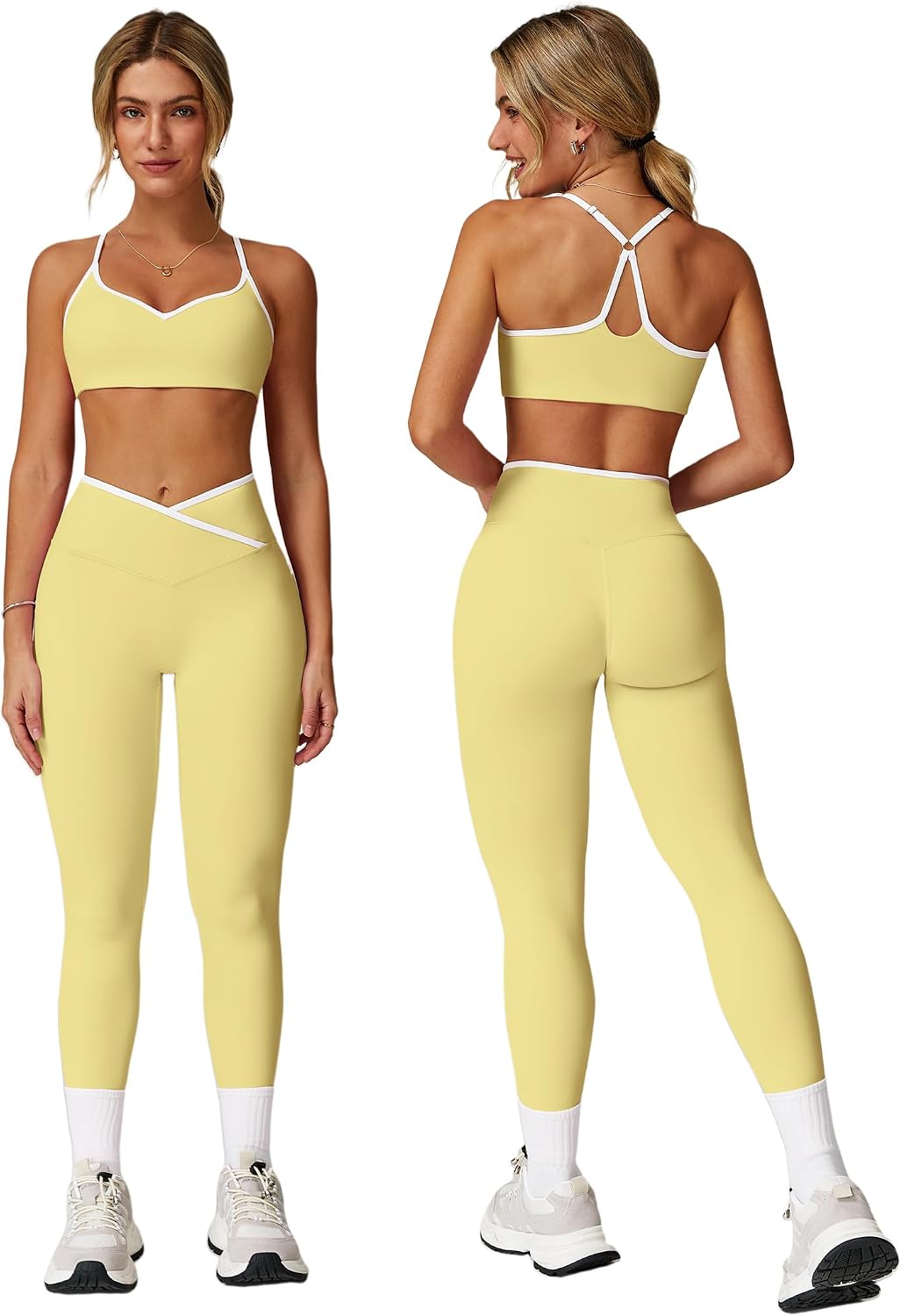 Women's Workout Set Strappy Sports Bra Leggings Yellow