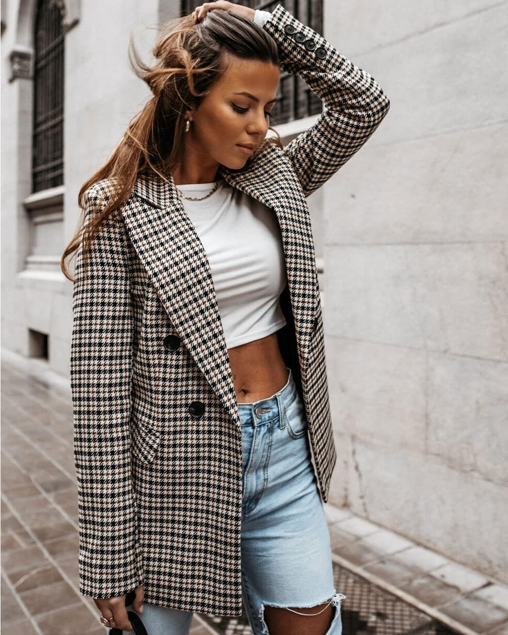 Women's Elegant Plaid Thoundstooth Blazer Double Breasted Fit Check Jacket Coat