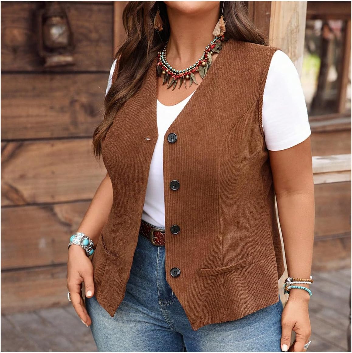 Women's Western Corduroy Vest Button Front Brown Waistcoat