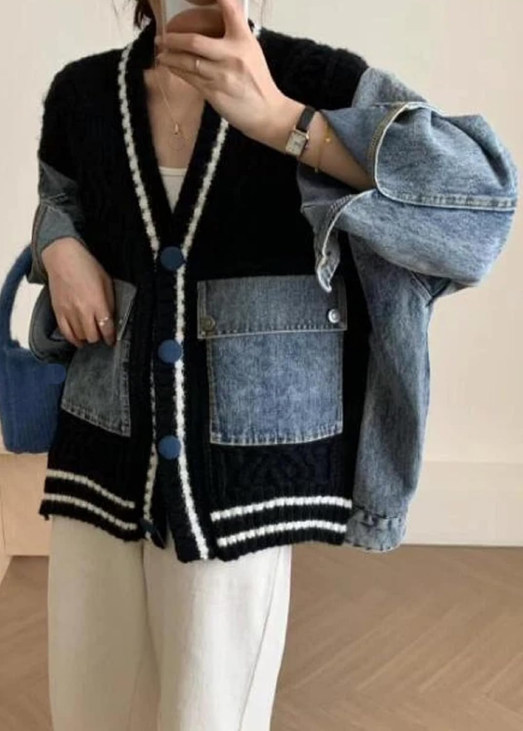 Women Open Front Sweater Cardigan Denim Patchwork Long Sleeve Chunky Knit Button Down Jackets with Pockets