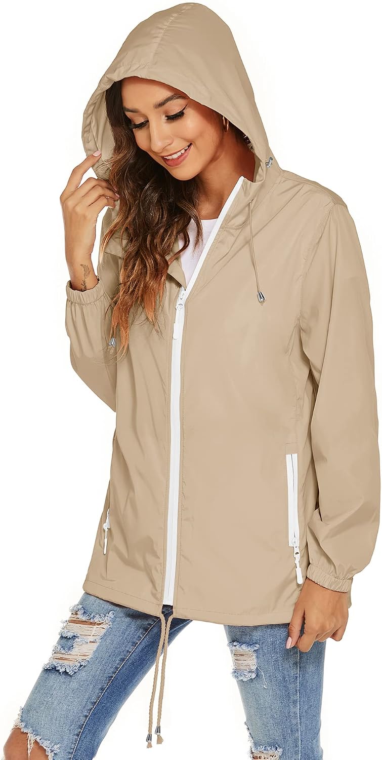 Women's Packable Hooded Rain Jacket Lightweight Khaki