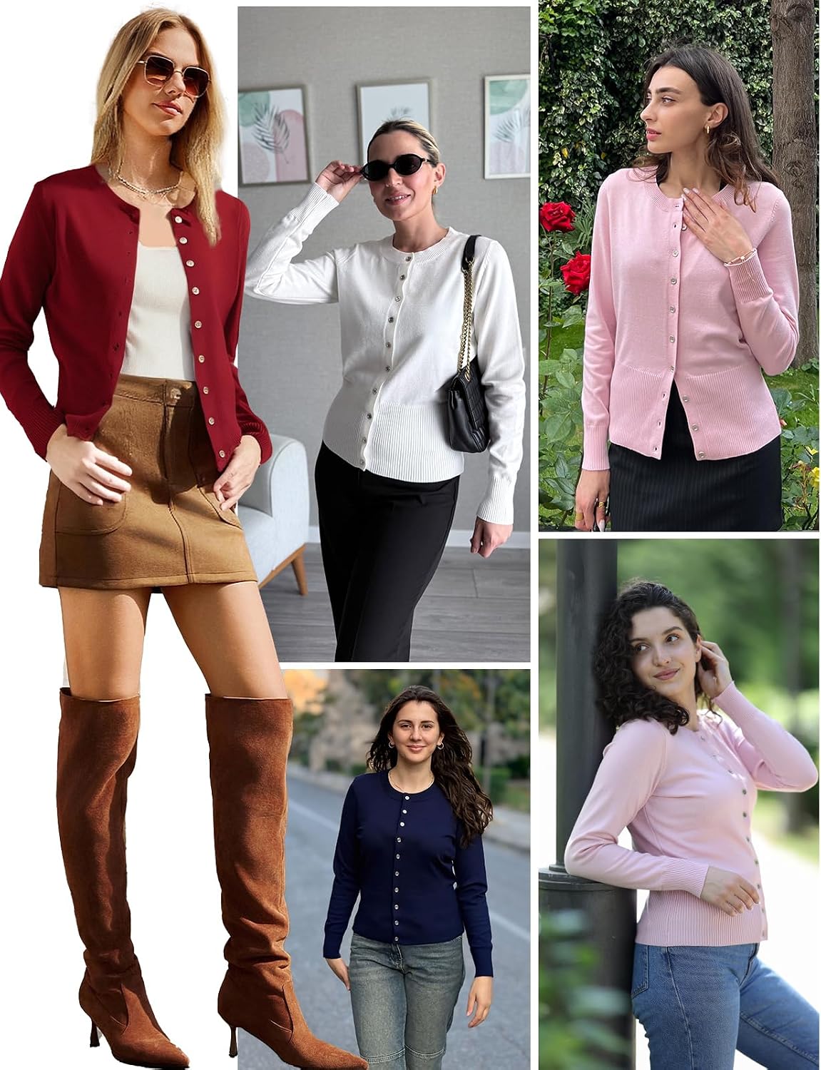 Women's Lightweight Spring Cardigan Long Sleeve Knit Crop Sweater Button Open Front Crewneck Jacket