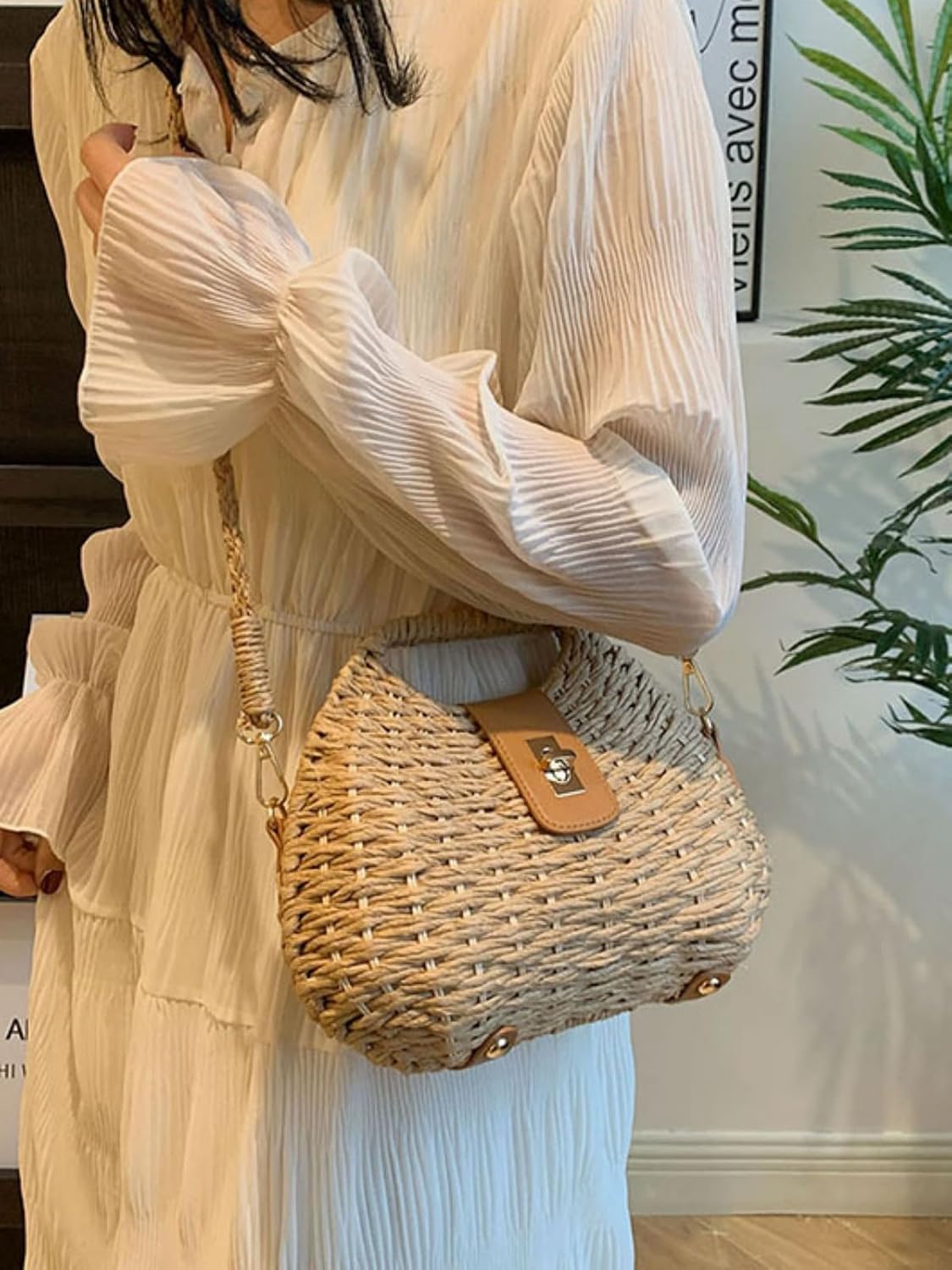 Women's Straw Woven Tote Bag Beige
