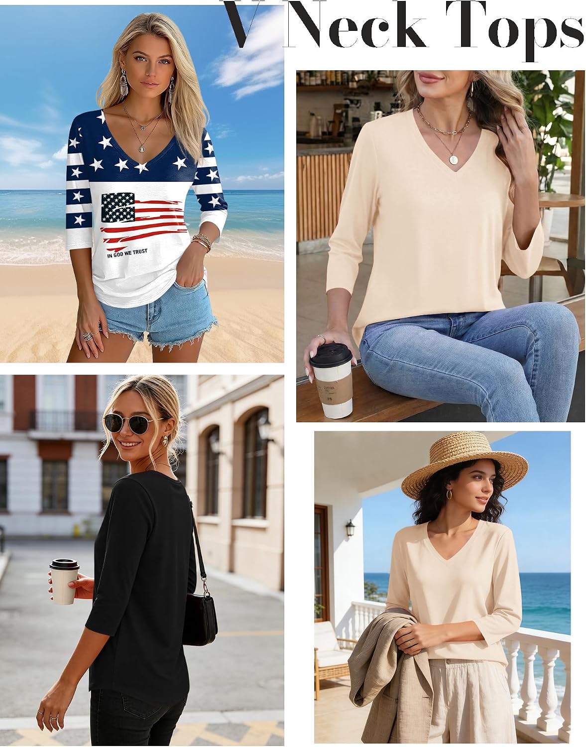 Women's 3 Pack 3/4 Sleeve V Neck T-Shirts