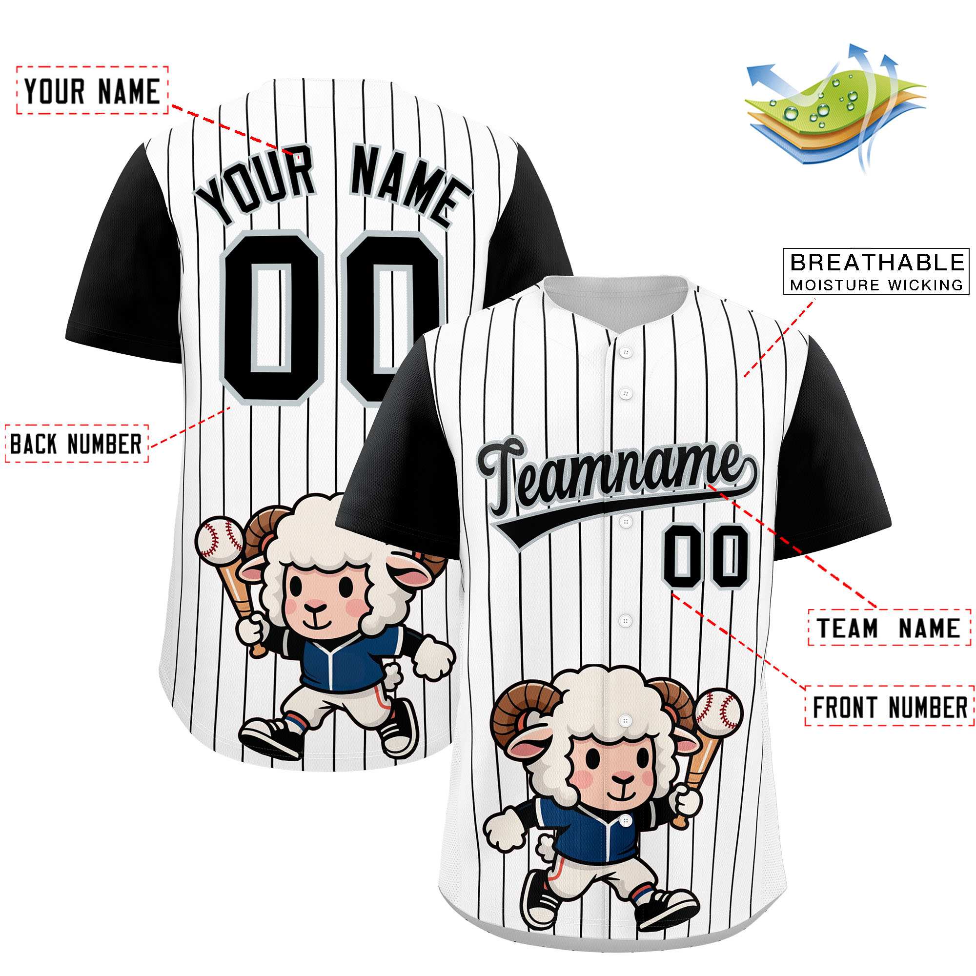Authentisches Baseball-Trikot mit individuellem Streifen-Tiere-Graffiti-Muster, Raglanärmeln Authentisches Baseball-Trikot mit individuellem Streifen-Tiere-Graffiti-Muster, Raglanärmeln