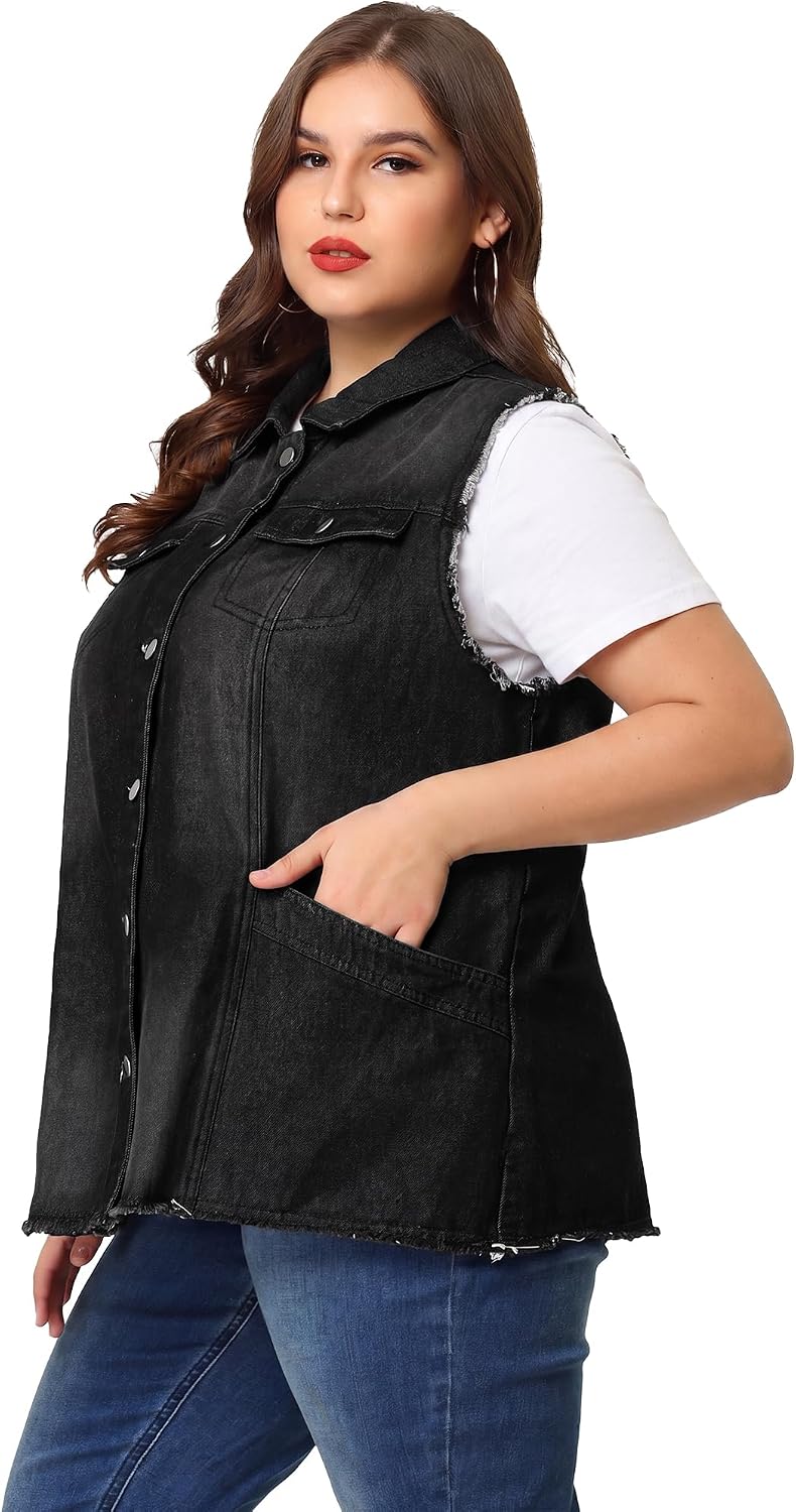 Women's Long Denim Vest Lapel Frayed Hem Washed Black Women's Long Denim Vest Lapel Frayed Hem Washed Black
