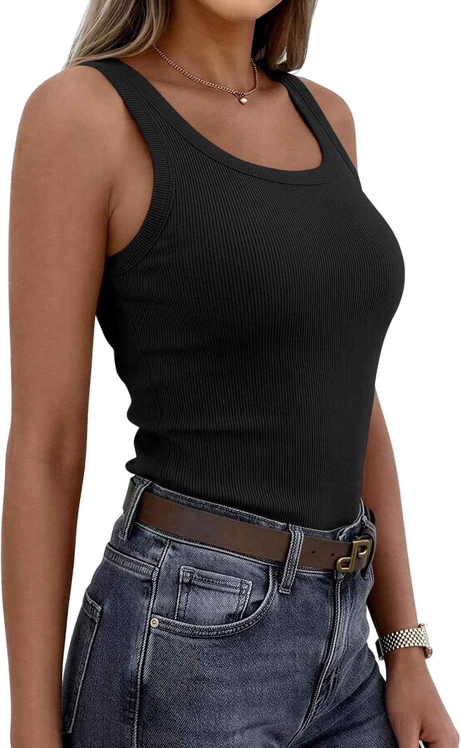 Women's Ribbed Scoop Neck Slim Fit Tank Top Black