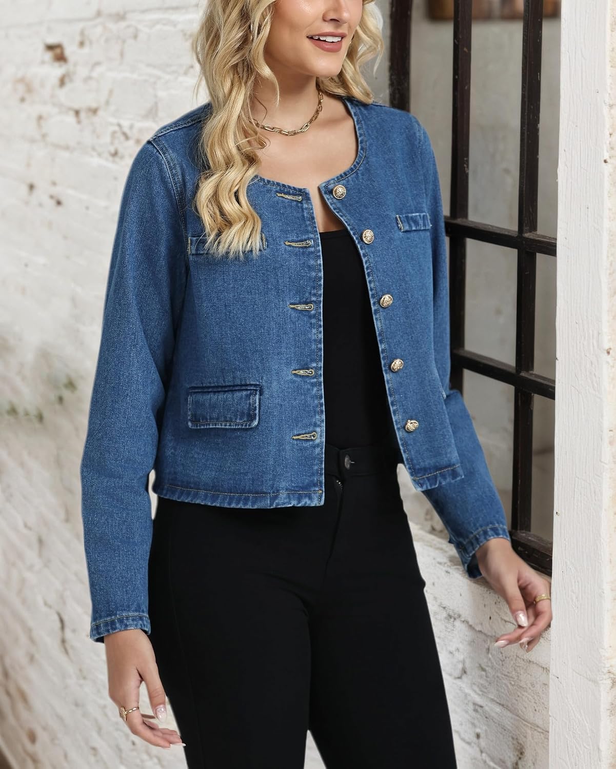 Denim Jacket for Women Collarless Long Sleeve Button Down Cropped Jean Coat