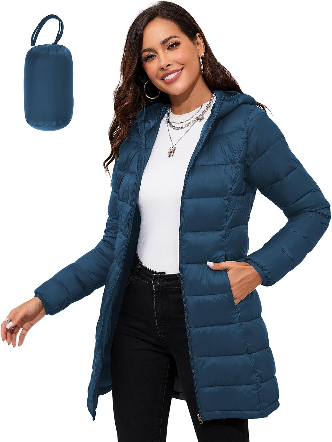 Women's Packable Long Hooded Puffer Jacket Teal Blue