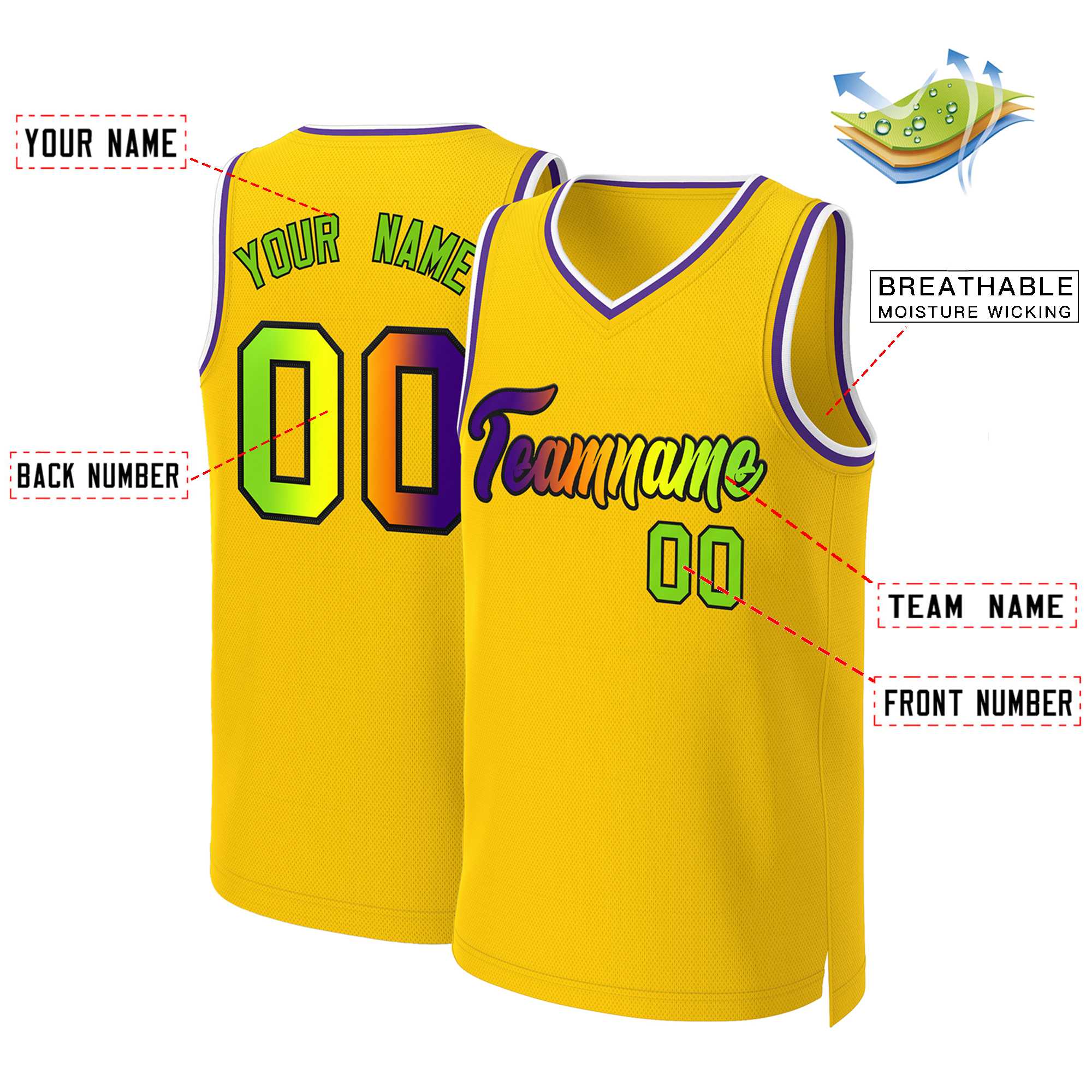Benutzerdefiniertes Basketballtrikot mit klassischem Farbverlauf und modischen Oberteilen