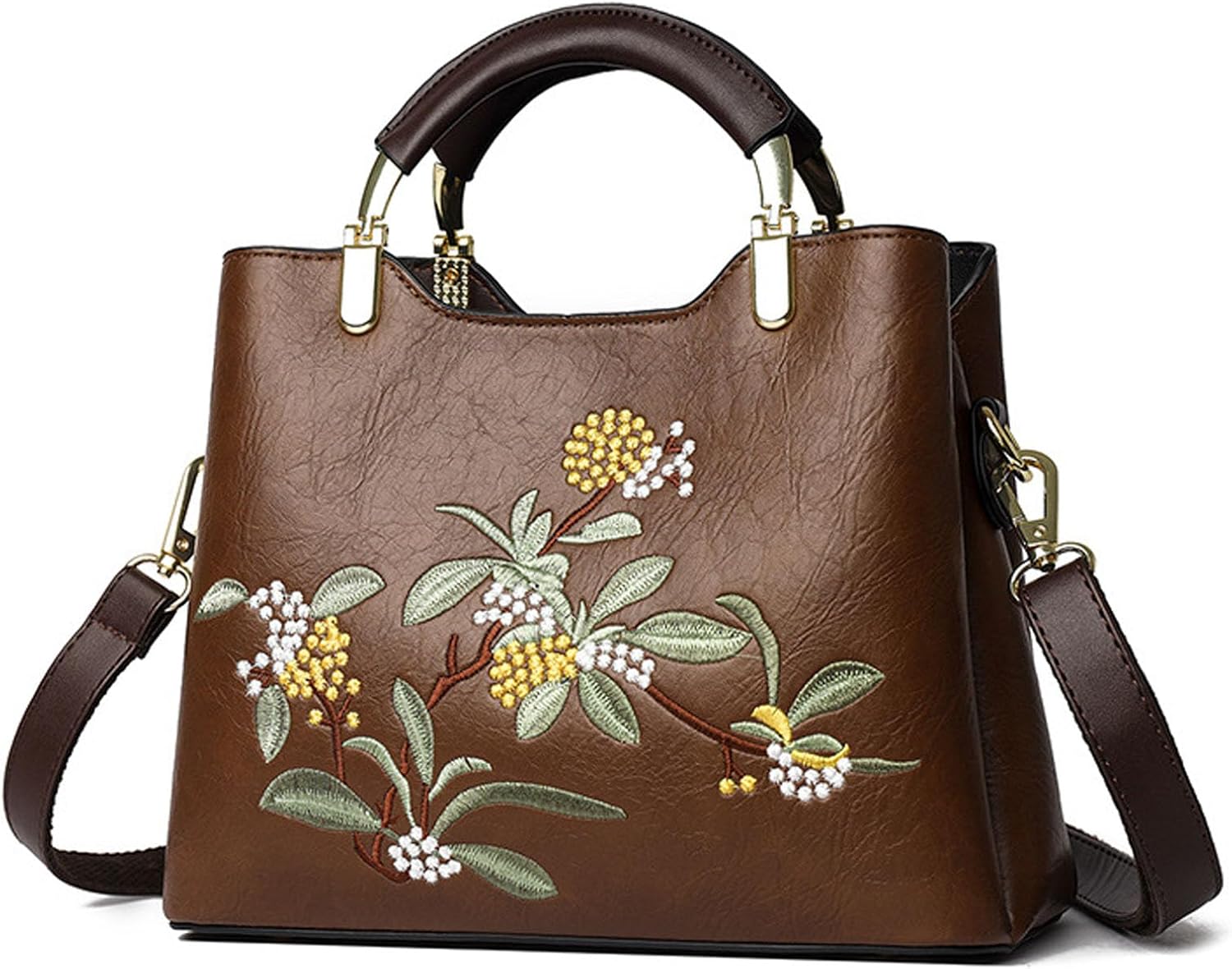 Women's Floral Embroidered Vegan Leather Handbag, Brown