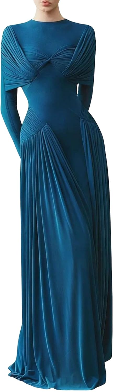 Women's Draped Ruched Maxi Dress Long Sleeve Teal Blue