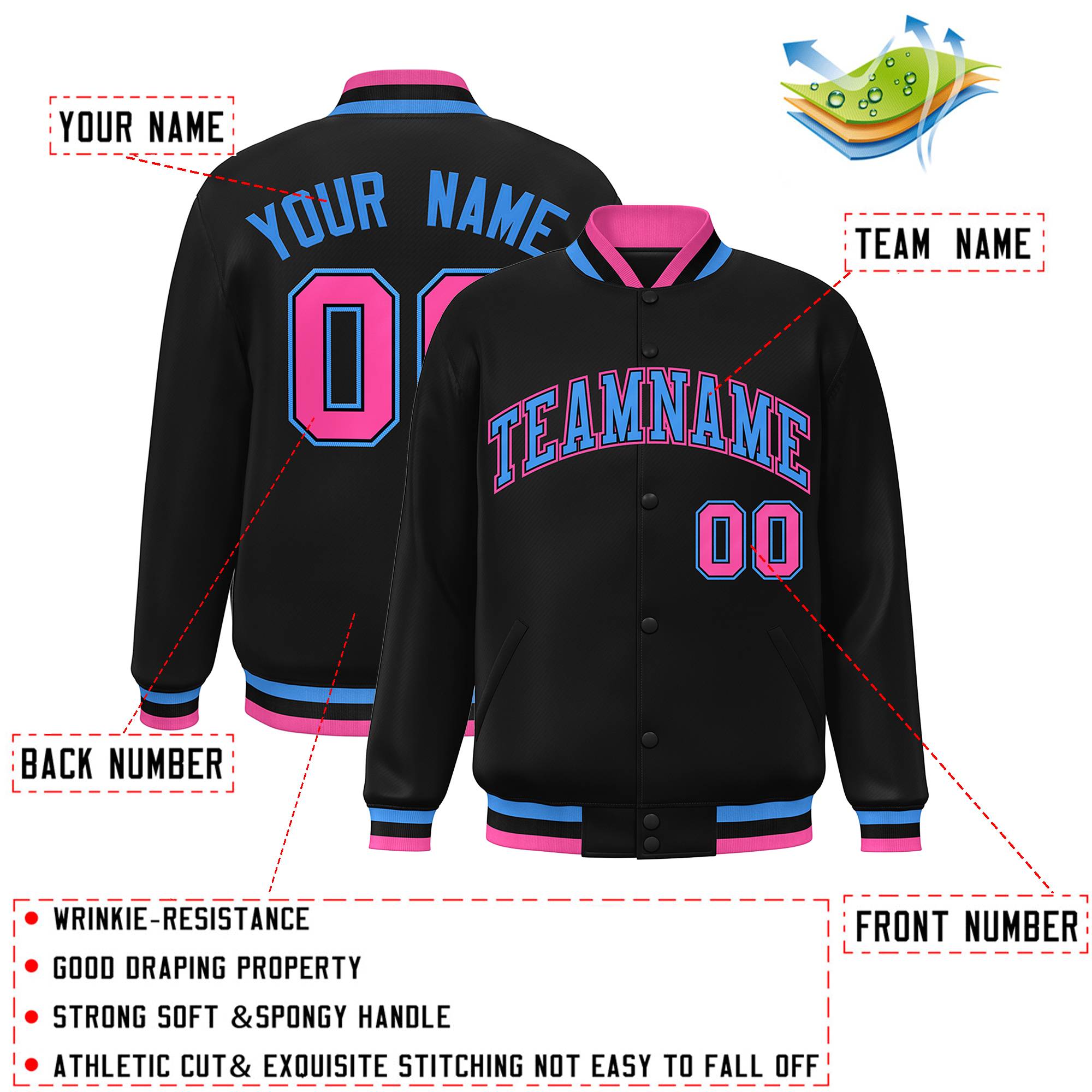 Custom Powder Blue-Black Classic Style Varsity Full-Snap Letterman Jacket
