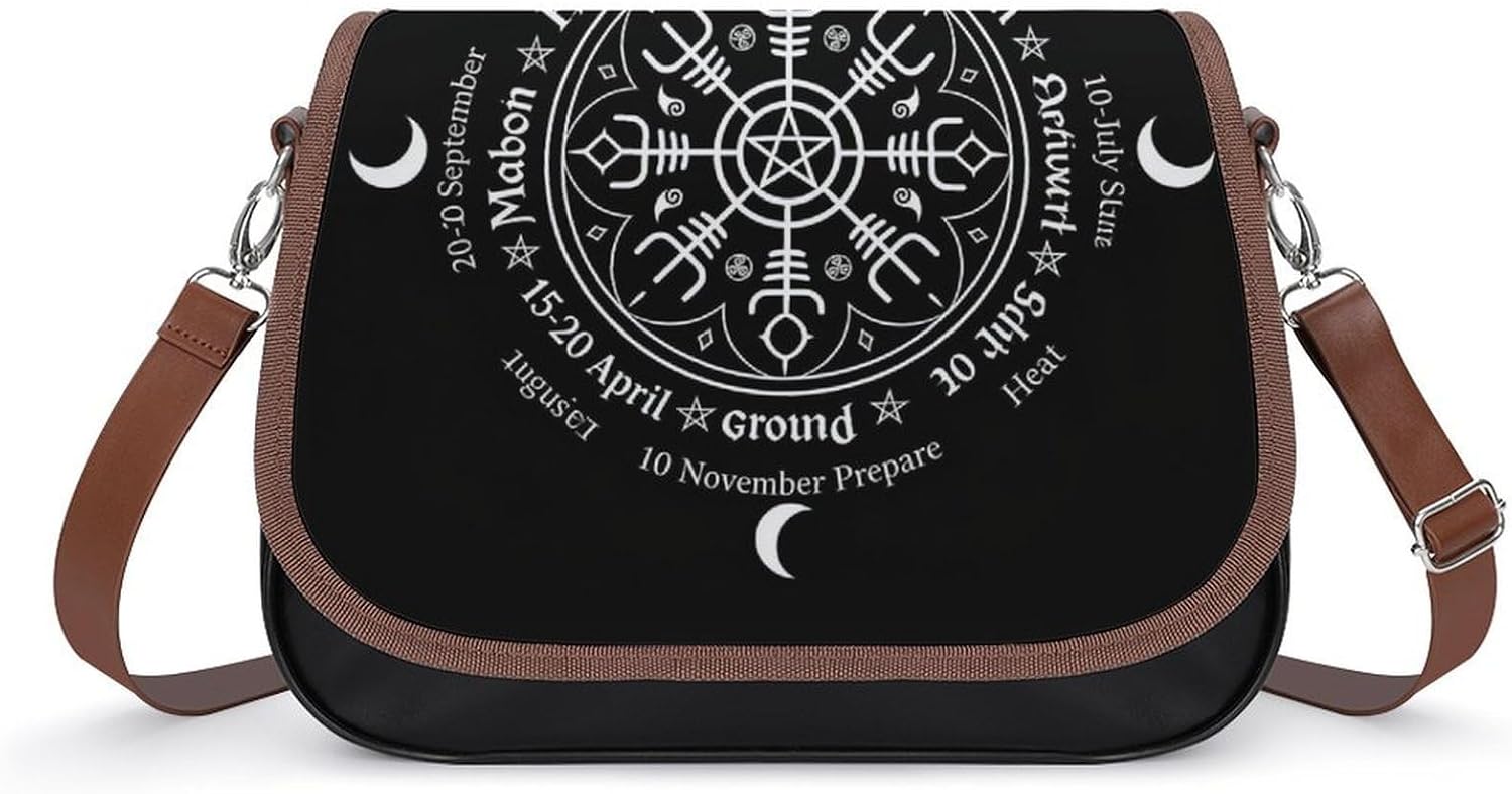 Women's Moon Phase Print Flap Crossbody Shoulder Bag Black