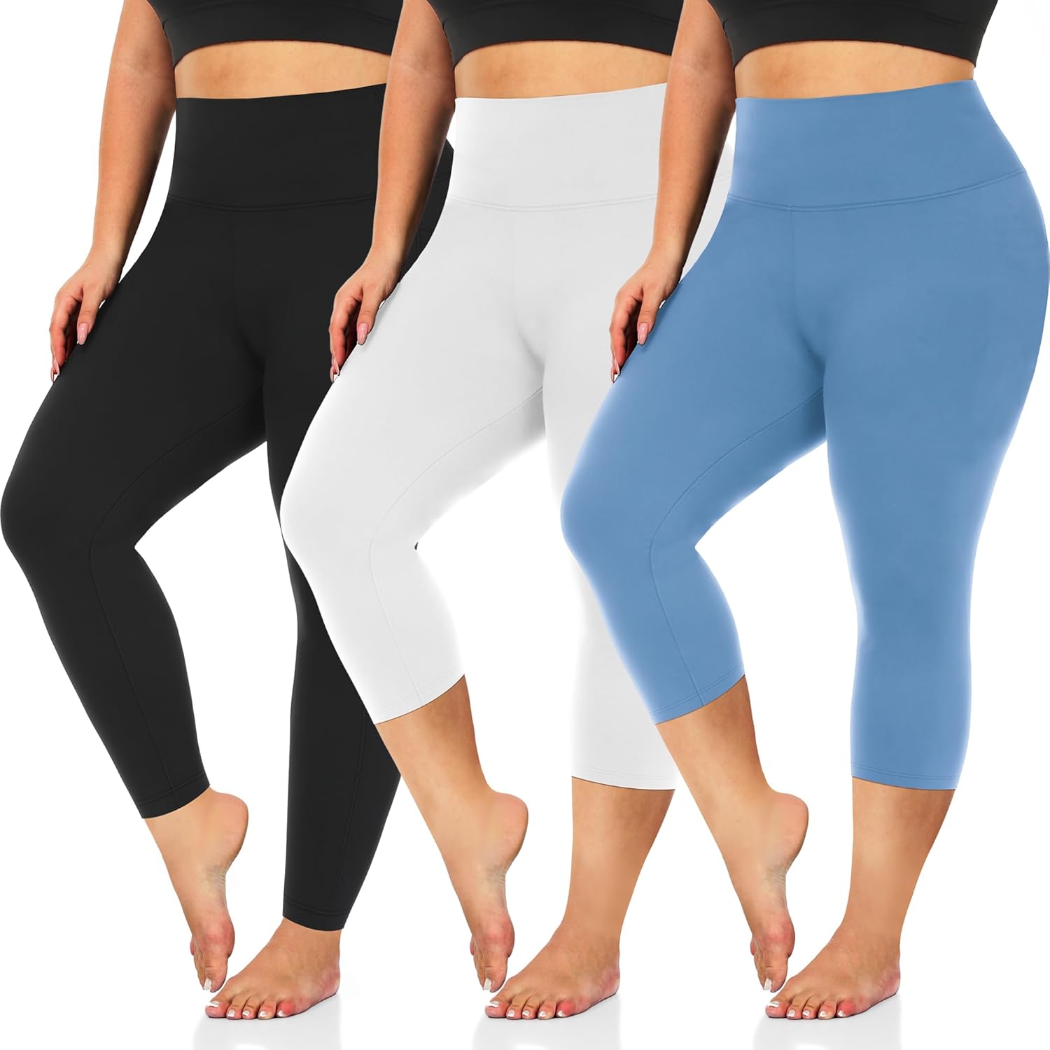 3 Pack Women's Plus Size Capri Leggings High Waist Tummy Control Stretchy Yoga Workout Pants (XL-4X) - Spandex Elastic Fit