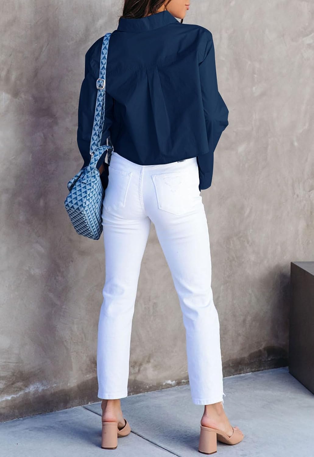 Button Down Shirts for Women Long Sleeve Casual Crop Tops Solid Lapel Blouse Shirt with Pocket