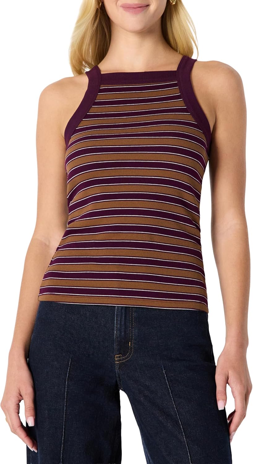 Women's Striped High Neck Rib Knit Tank Top