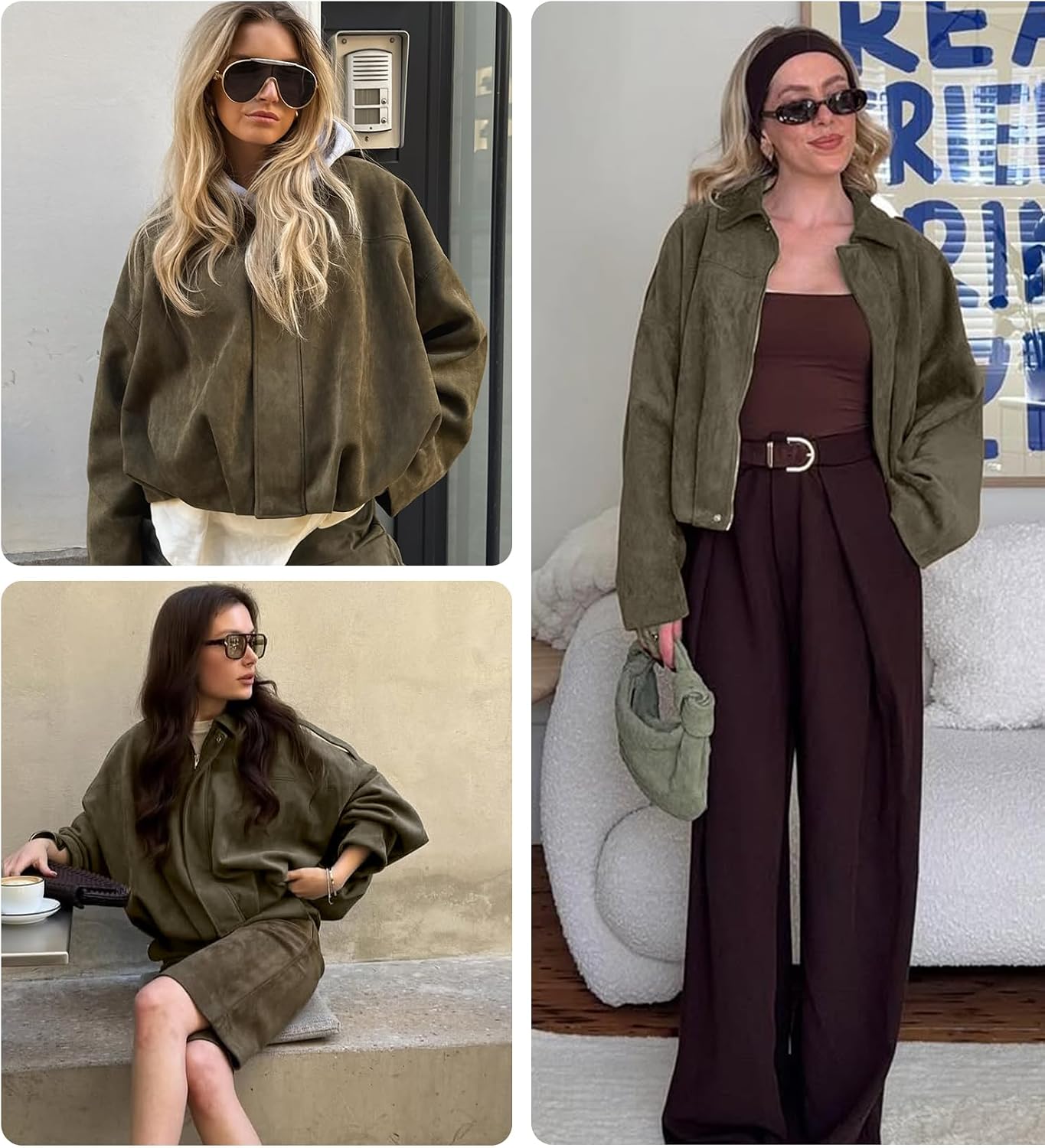 Womens Faux Suede Bomber Jacket Casual Lapel Pilot Cropped Coat Oversized Motorcycle Jackets Outerwear