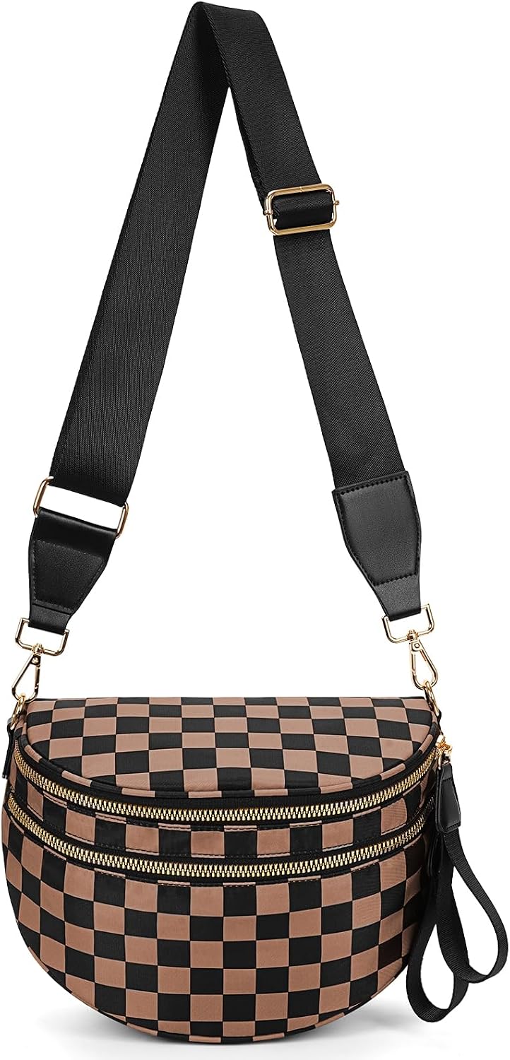 Women's Checkered Nylon Crossbody Bum Bag with Wide Strap