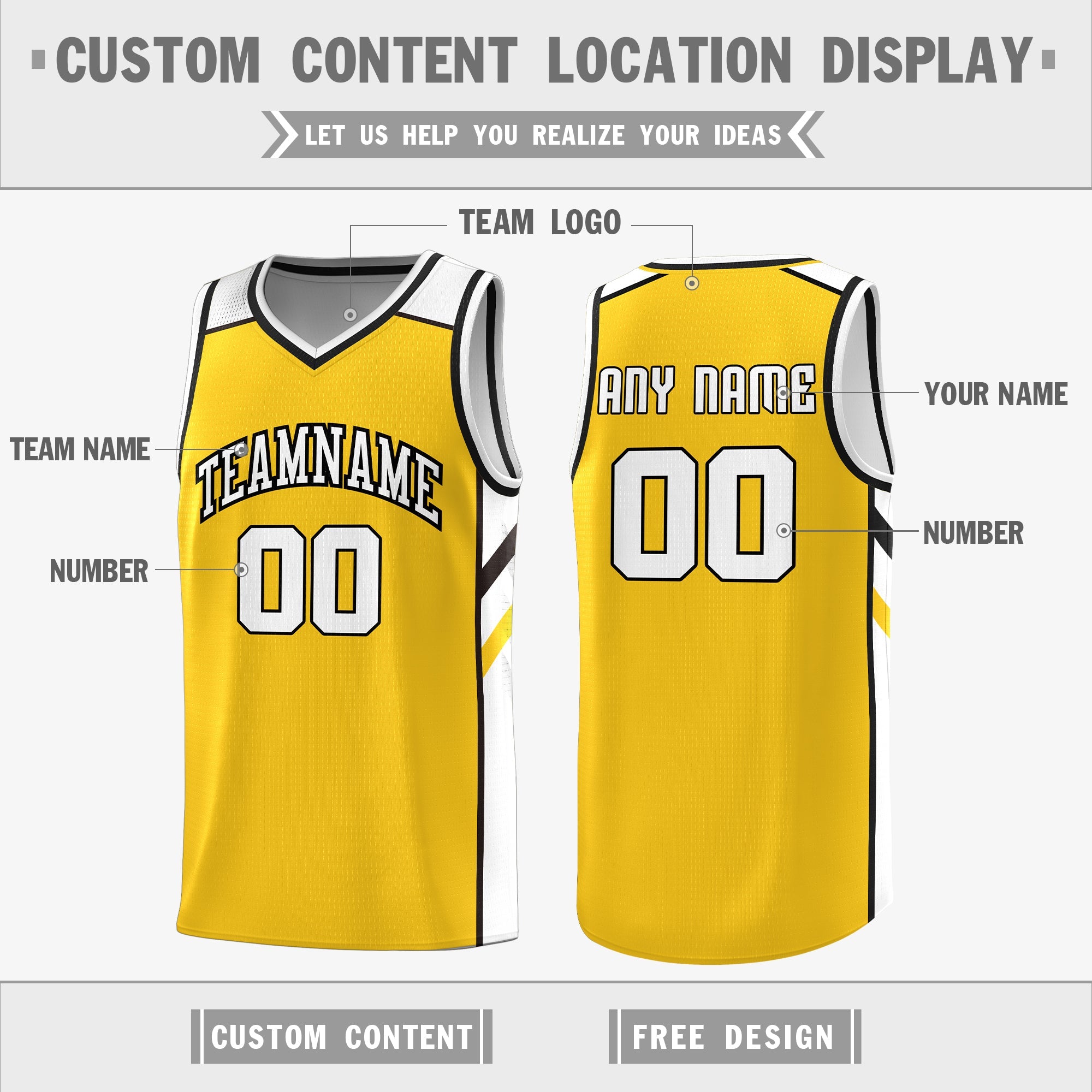 Benutzerdefinierte gelb-weiße Double Side Tops Herren-Sport-Basketballtrikot