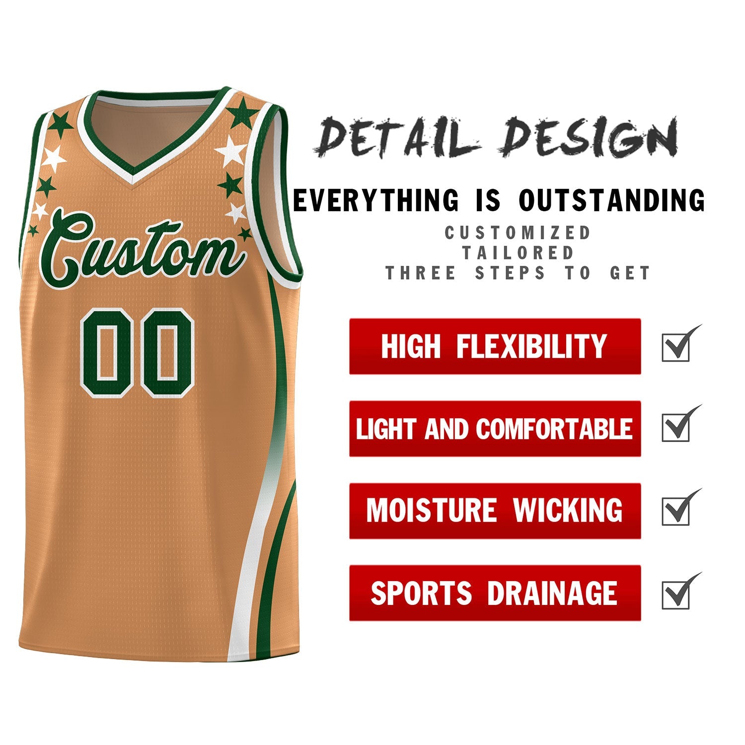 Benutzerdefinierte hellbraune Schultern, Sternmuster, seitliches Farbblock-Sportuniform-Basketballtrikot