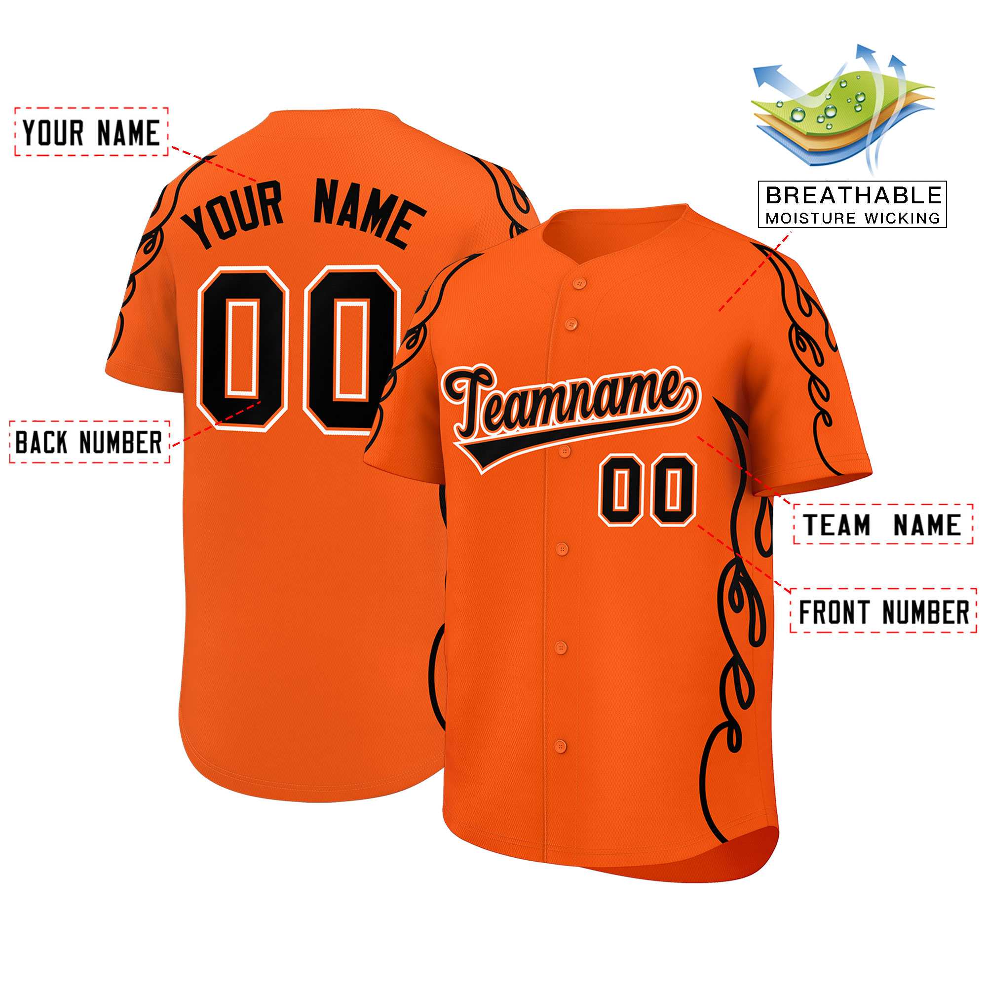 Benutzerdefiniertes Baseball-Trikot mit Seitenflammen-Umrissmuster für Sportuniformen