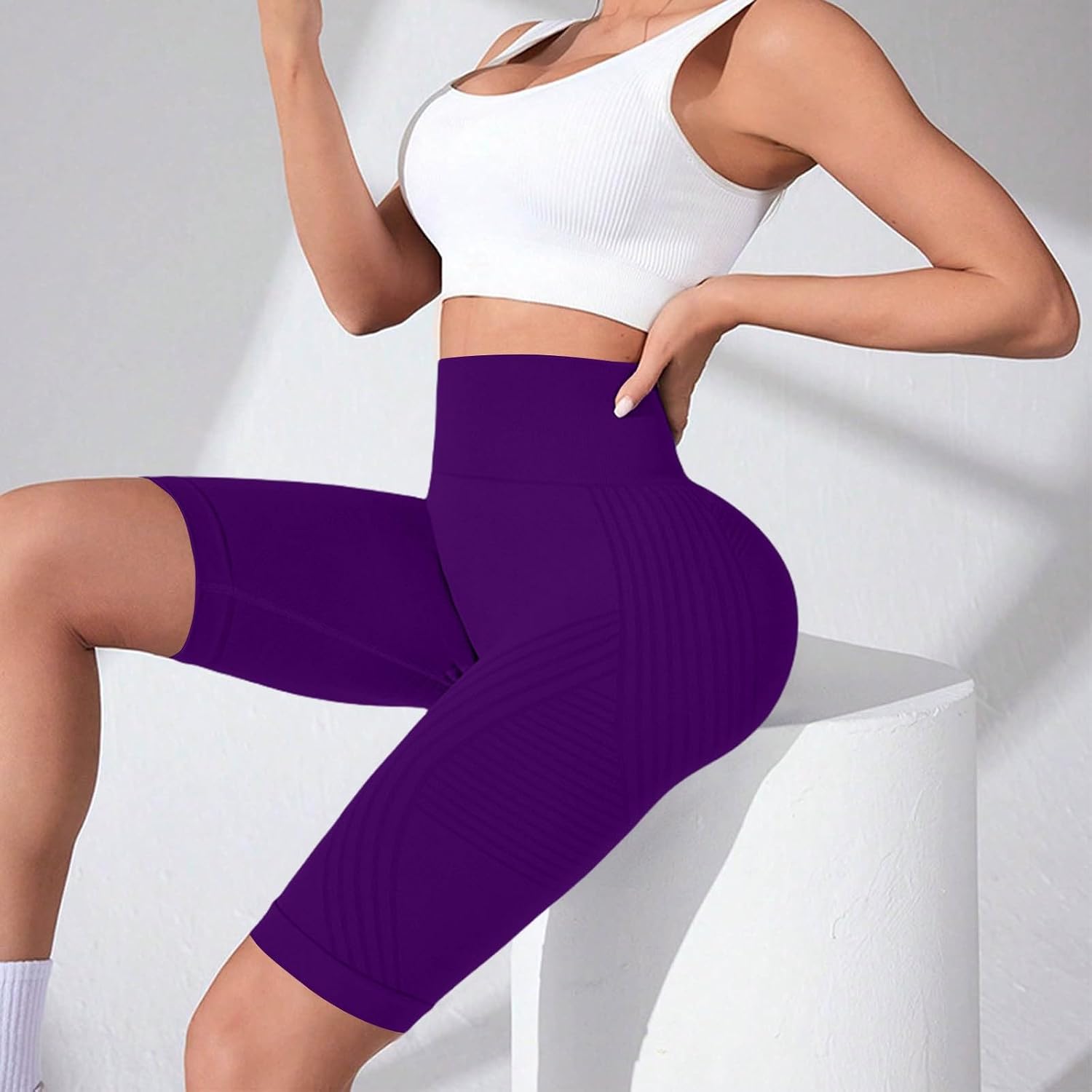 Women's High Waist Textured Knit Biker Shorts (Purple) Women's High Waist Textured Knit Biker Shorts (Purple)